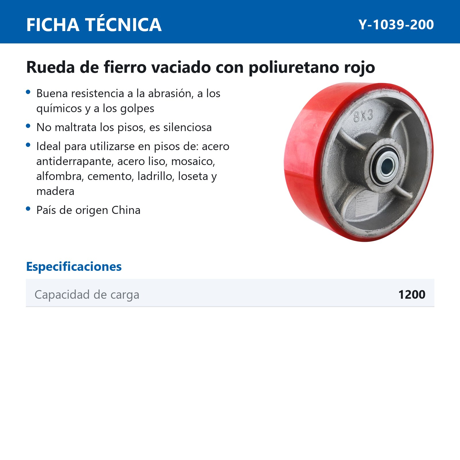 RUEDA FIERRO VACIADO C/PU ROJA 8X3" C/BALERO - Imagen 3