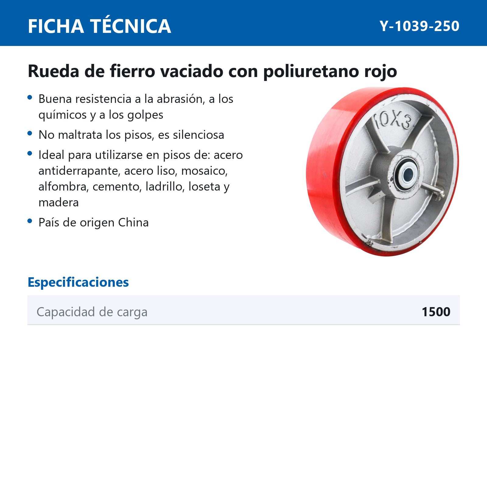 RUEDA FIERRO VACIADO C/PU ROJA 10X3" C/BALERO - Imagen 3