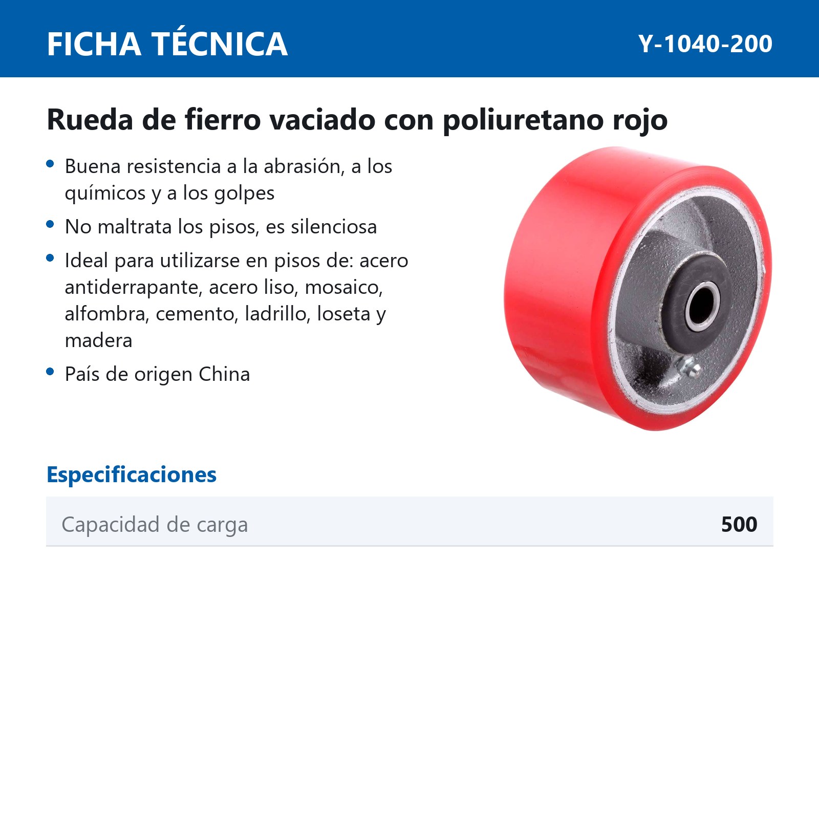 RUEDA FIERRO VACIADO C/PU ROJA 8X2" C/BALERO - Imagen 2