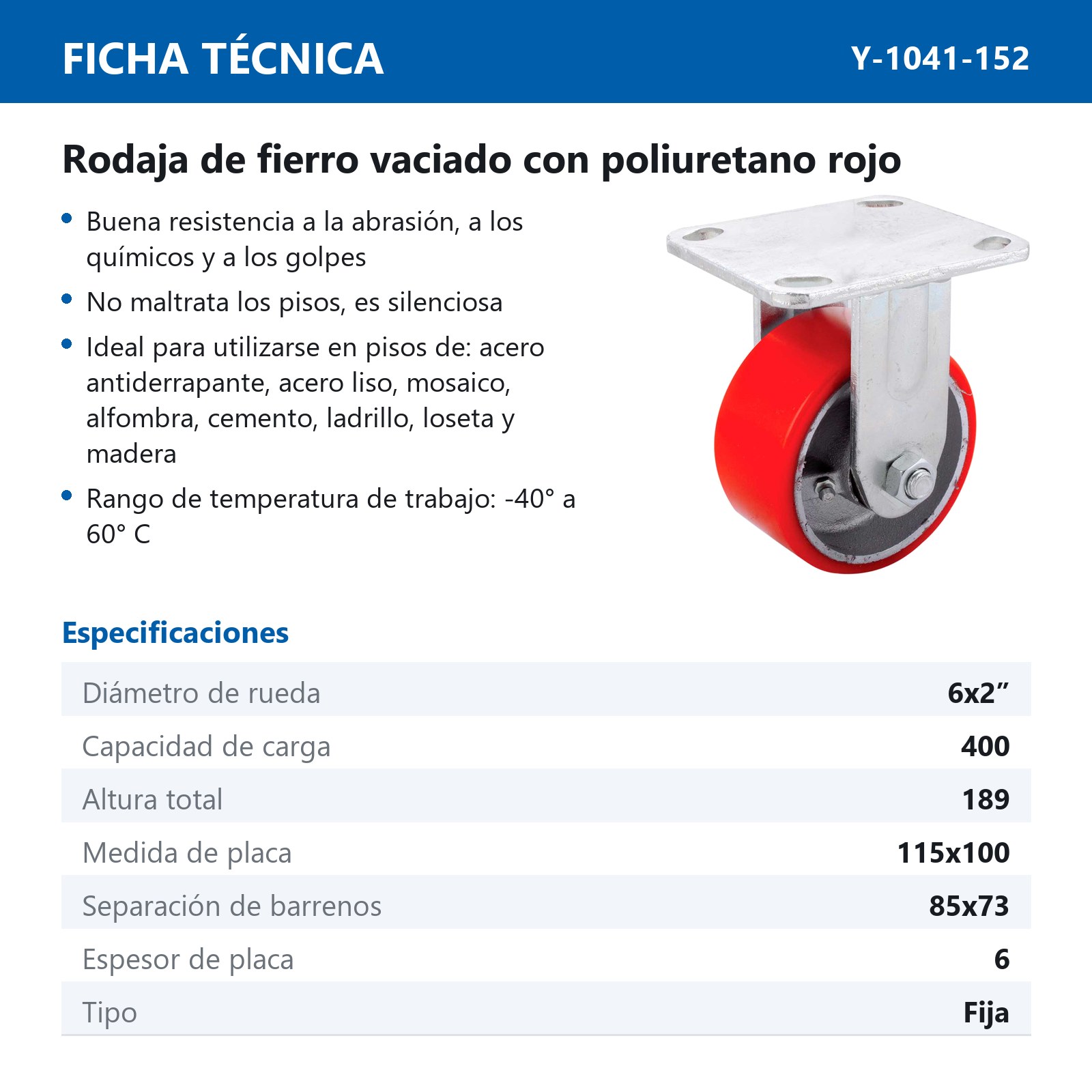 RODAJA FIERRO VACIADO C/PU FIJA ROJA 6X2" - Imagen 2