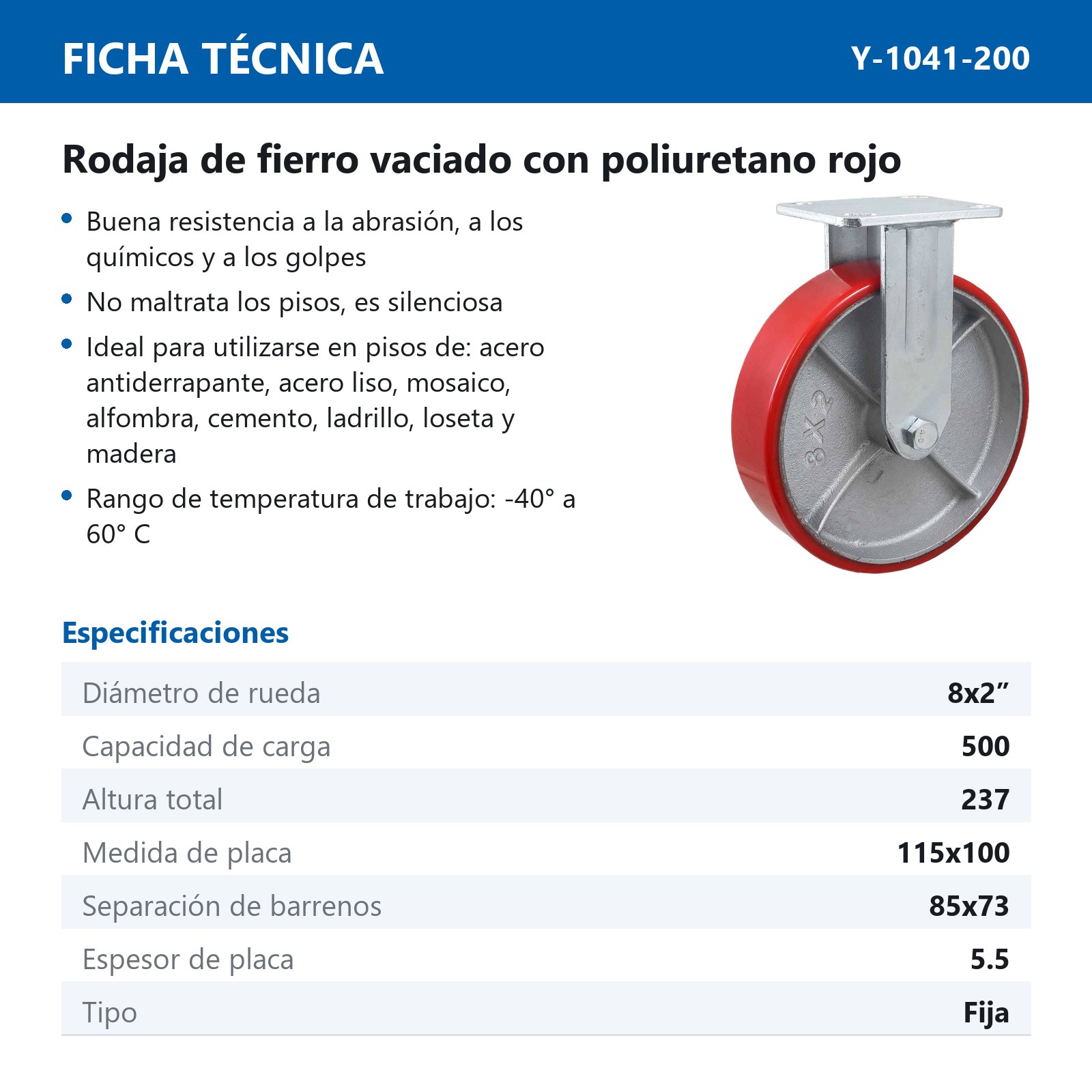 RODAJA FIERRO VACIADO C/PU FIJA ROJA 8X2" - Imagen 2