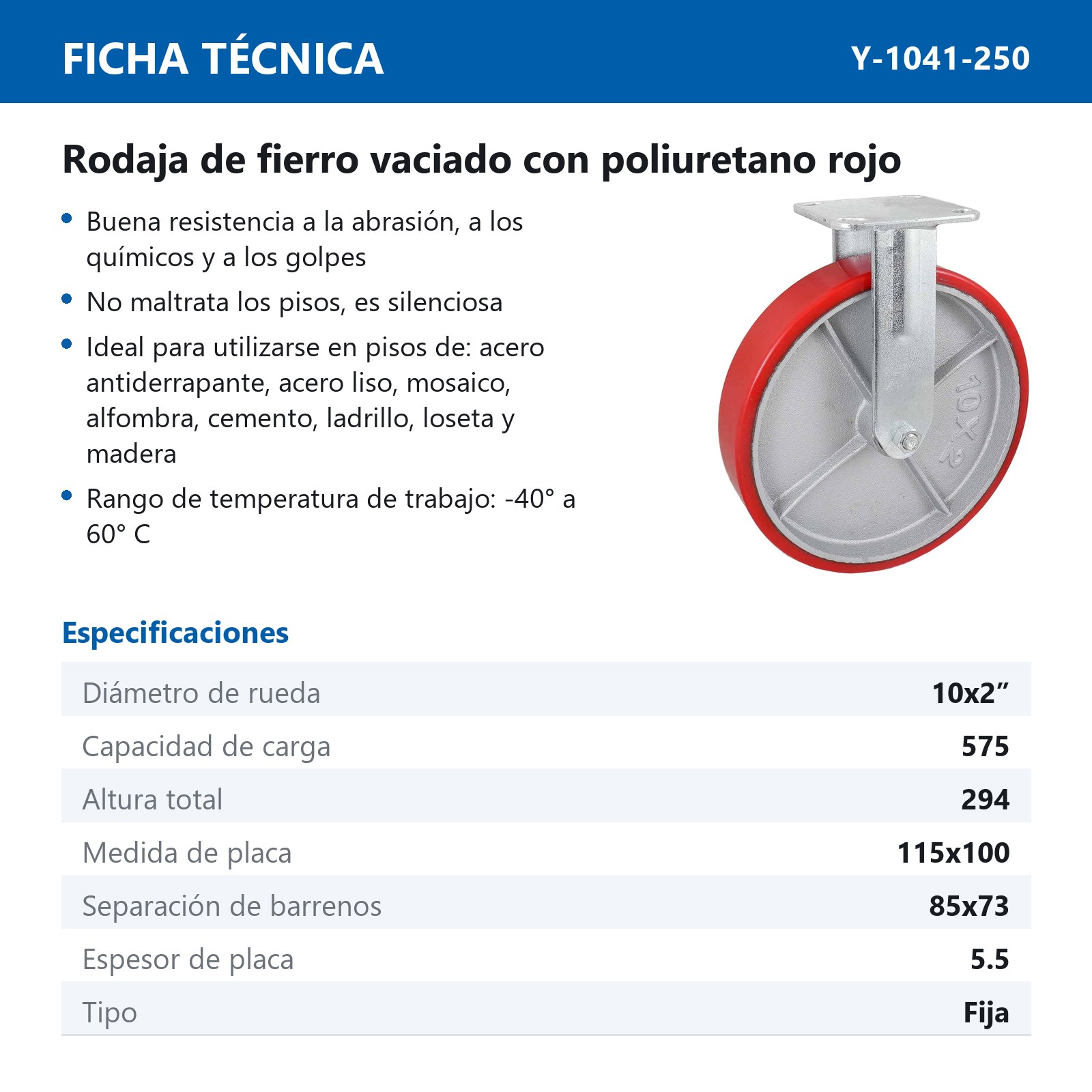 RODAJA FIERRO VACIADO C/PU FIJA ROJA 10X2" - Imagen 2