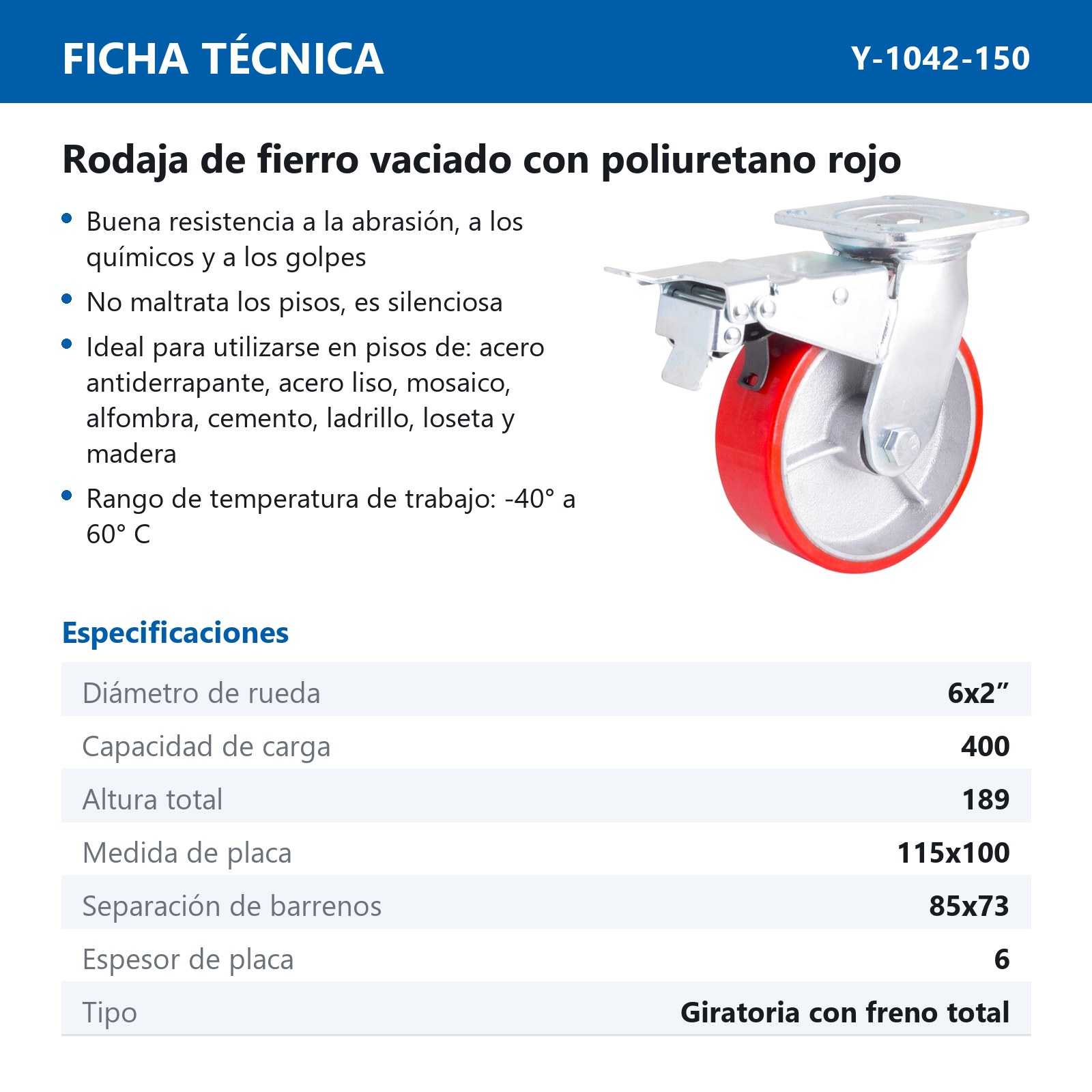 RODAJA FIERRO VACIADO C/PU ROJO C/FRENO TOTAL 6 X 2" - Imagen 2