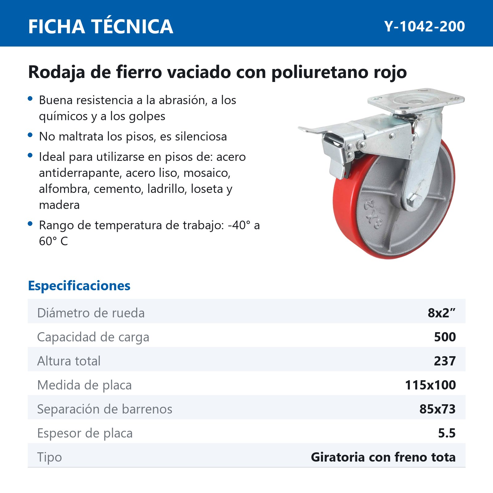 RODAJA FIERRO VACIADO C/PU ROJO C/FRENO TOTAL 8 X 2" - Imagen 2