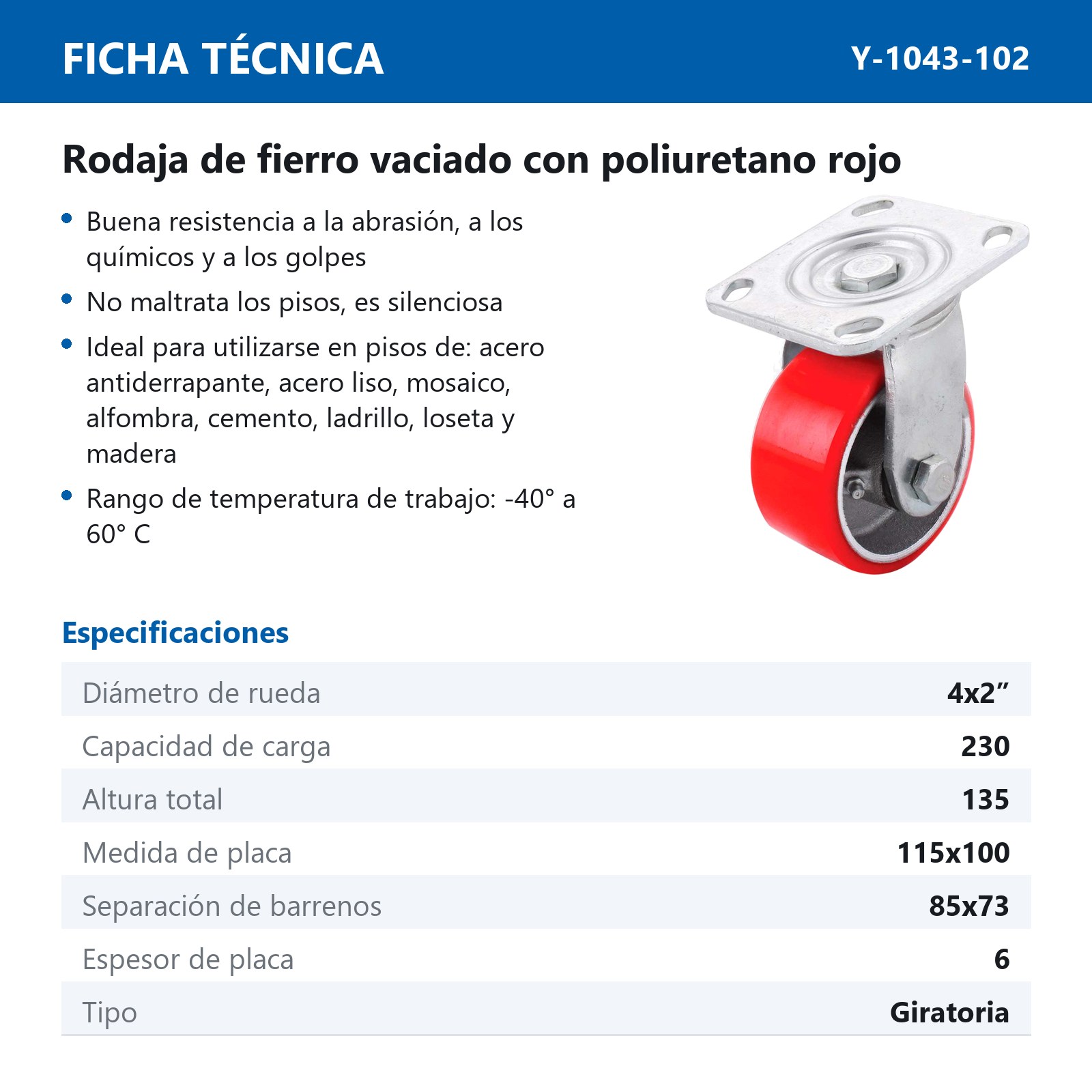 RODAJA FIERRO VACIADO C/PU GIRA. ROJA 4X2" - Imagen 2