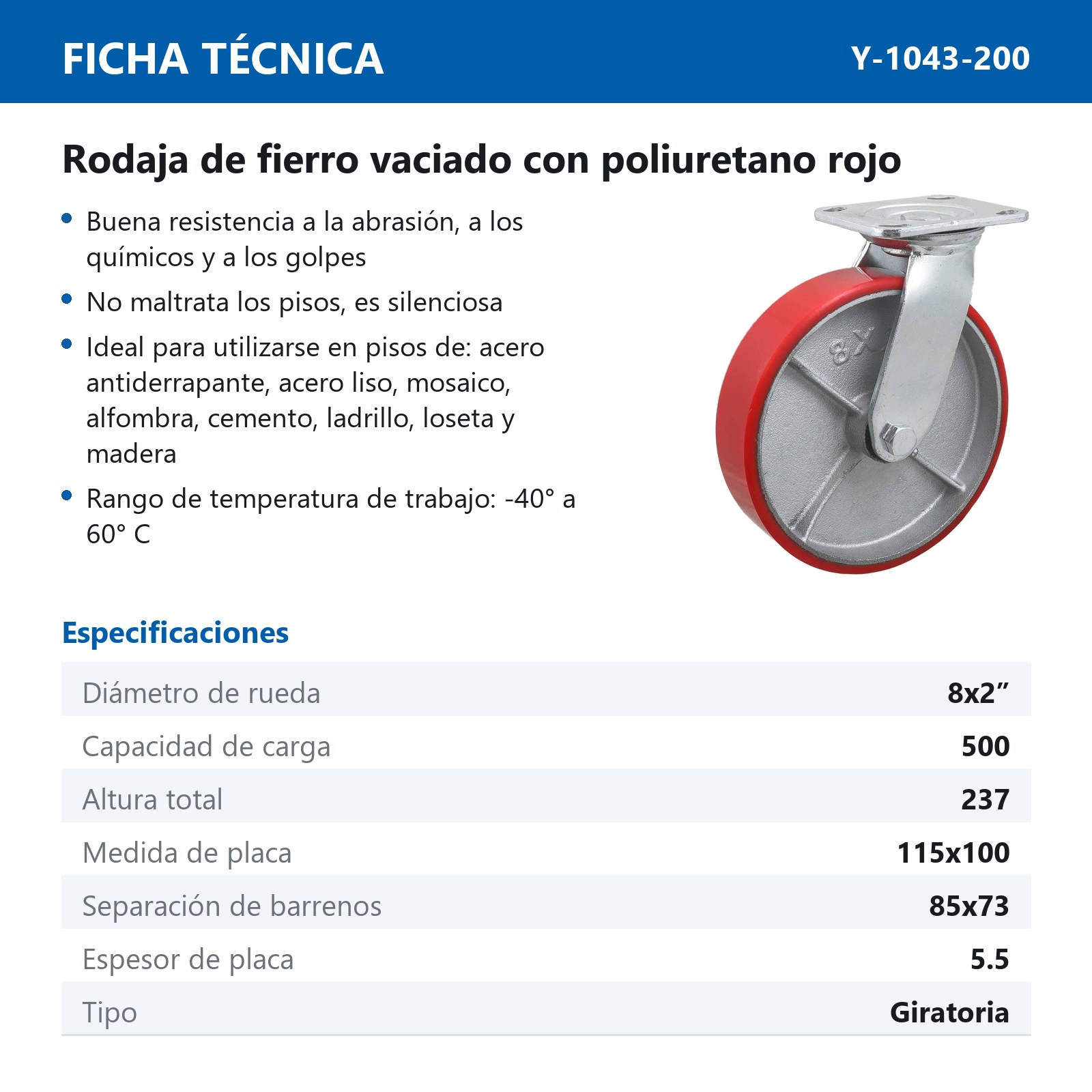 RODAJA FIERRO VACIADO C/PU GIRA. ROJA 8X2" - Imagen 2