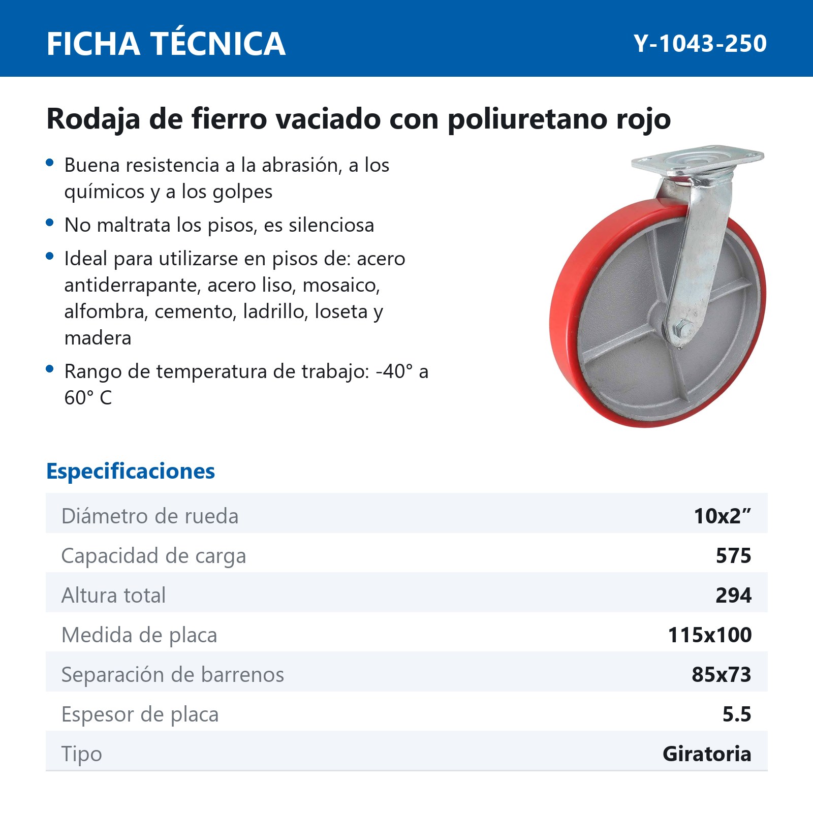 RODAJA FIERRO VACIADO C/PU GIRA. ROJA 10X2" - Imagen 2
