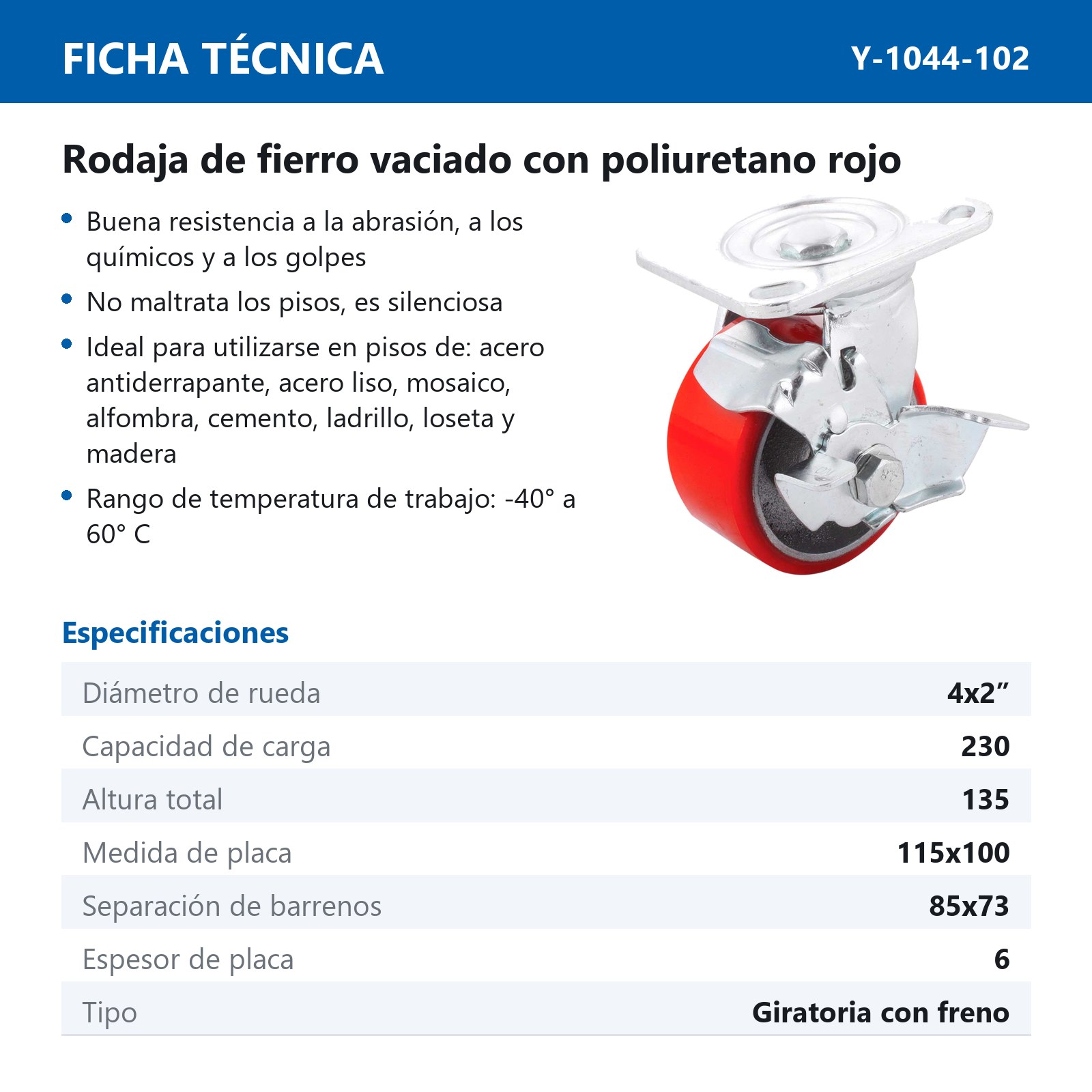 RODAJA FIERRO VACIADO C/PU GIRA. ROJA C/FRENO 4X2" - Imagen 2