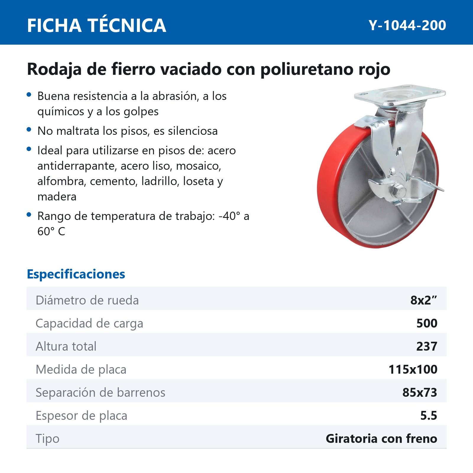 RODAJA FIERRO VACIADO C/PU GIRA.ROJA C/FRENO 8X2" - Imagen 2