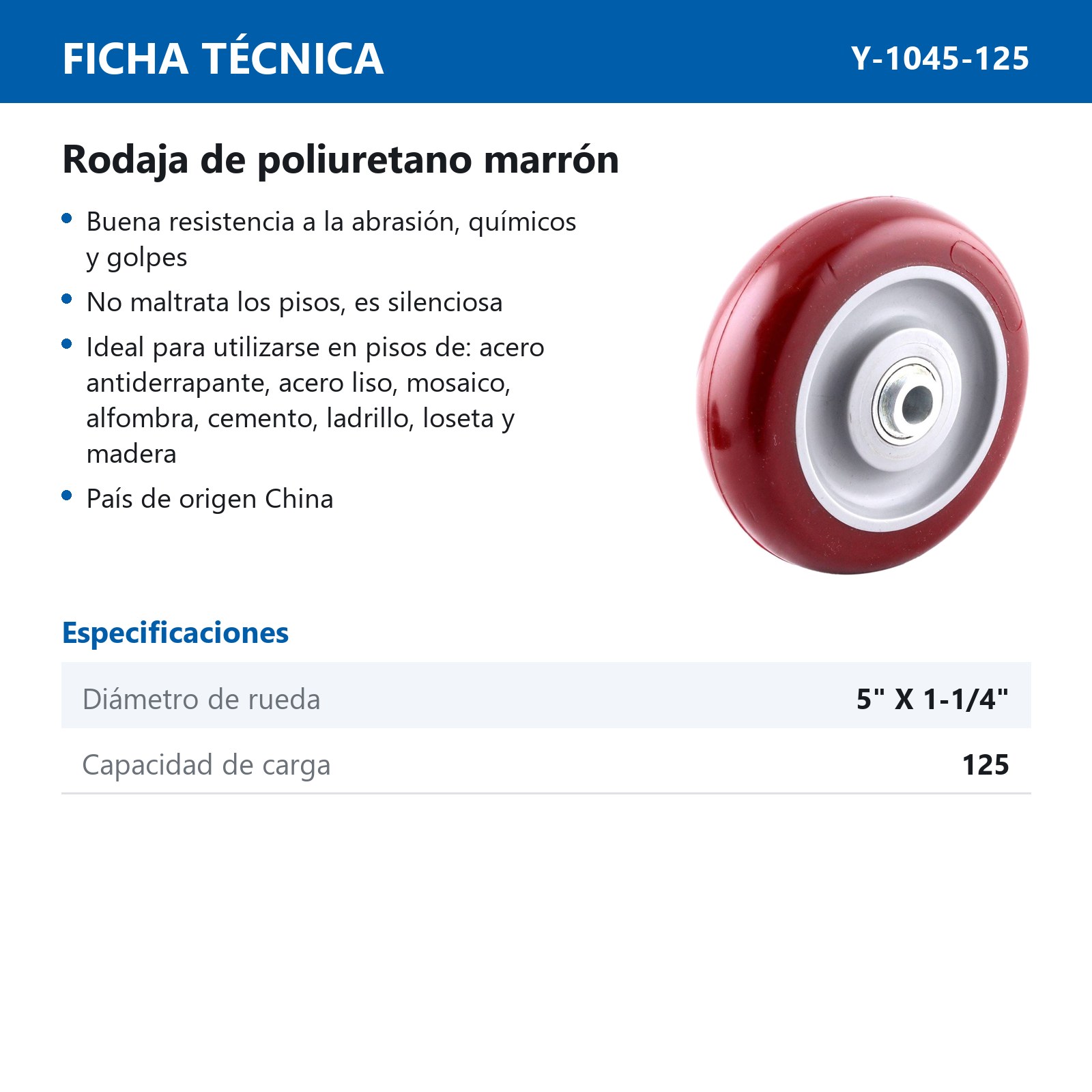 RUEDA MARRON PU 5X1-1/4" C/BALERO - Imagen 2