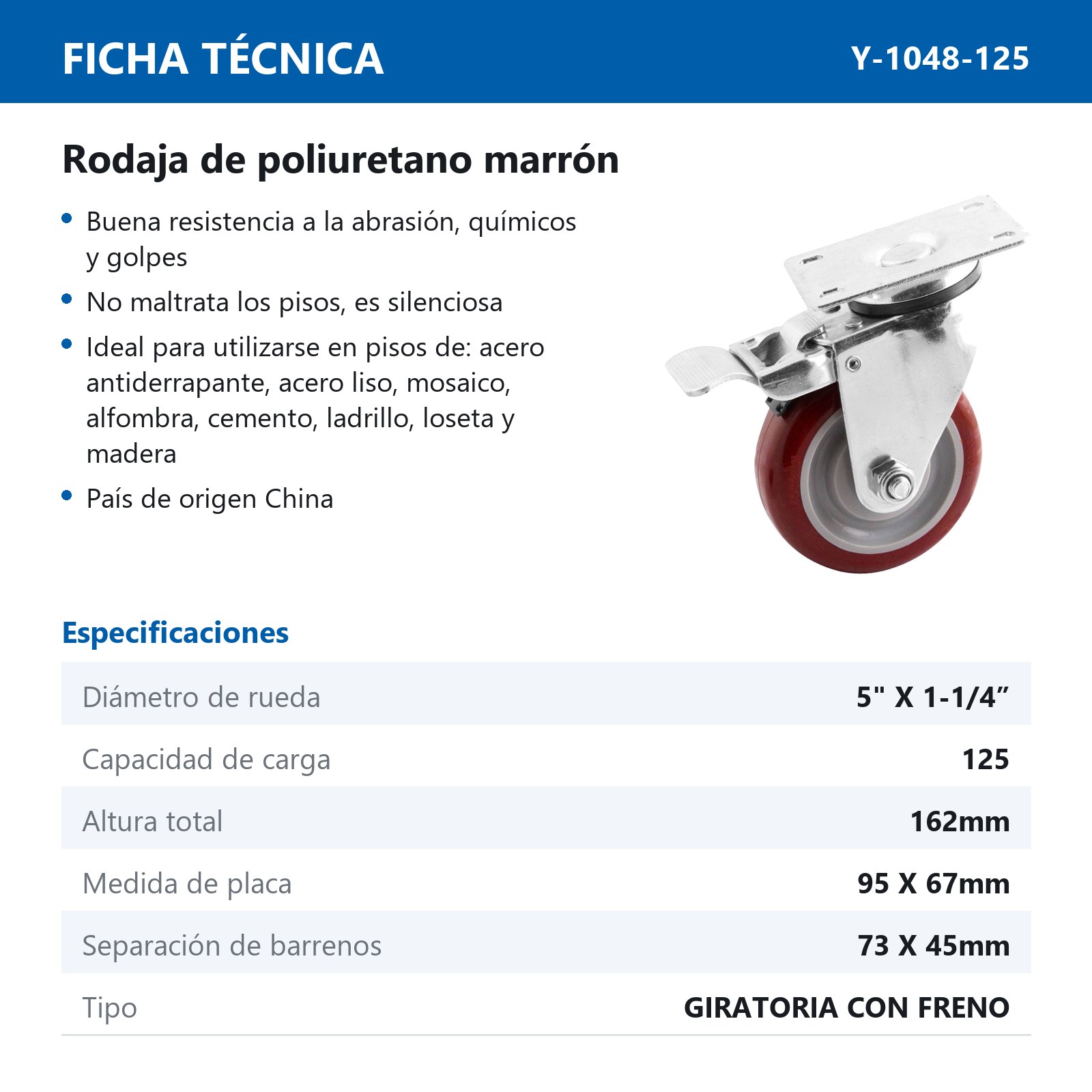 RODAJA MARRON PU GIRA. C/FRENO TOTAL 5X1-1/4" - Imagen 2