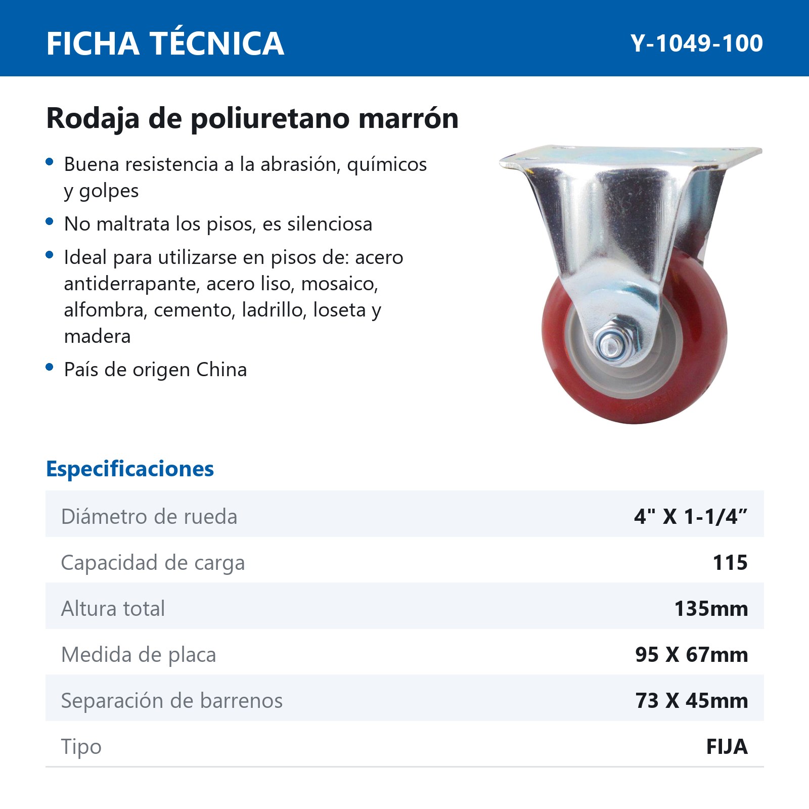 RODAJA MARRON PU FIJA 4X1-1/4" - Imagen 2