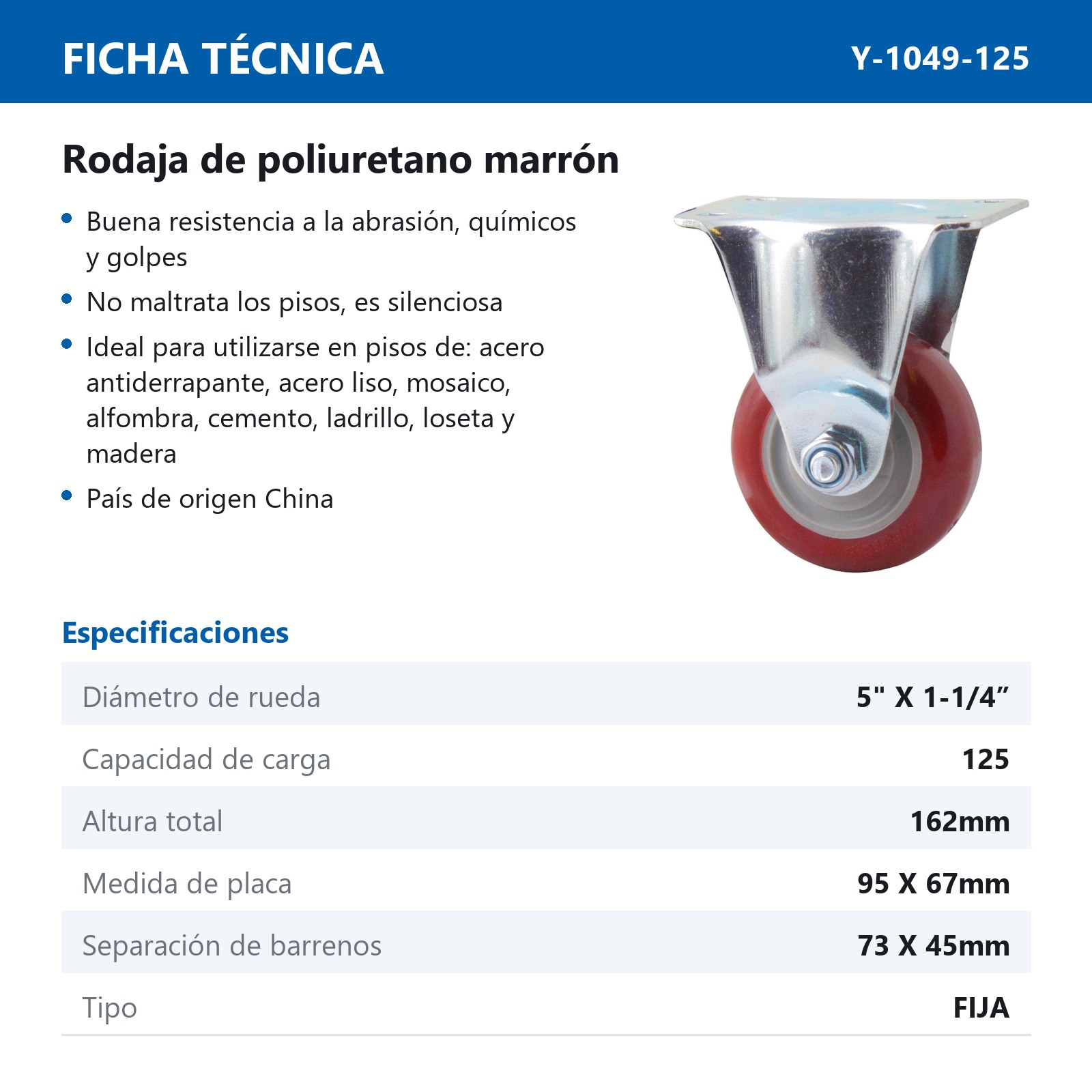RODAJA MARRON PU FIJA 5X1-1/4" - Imagen 2