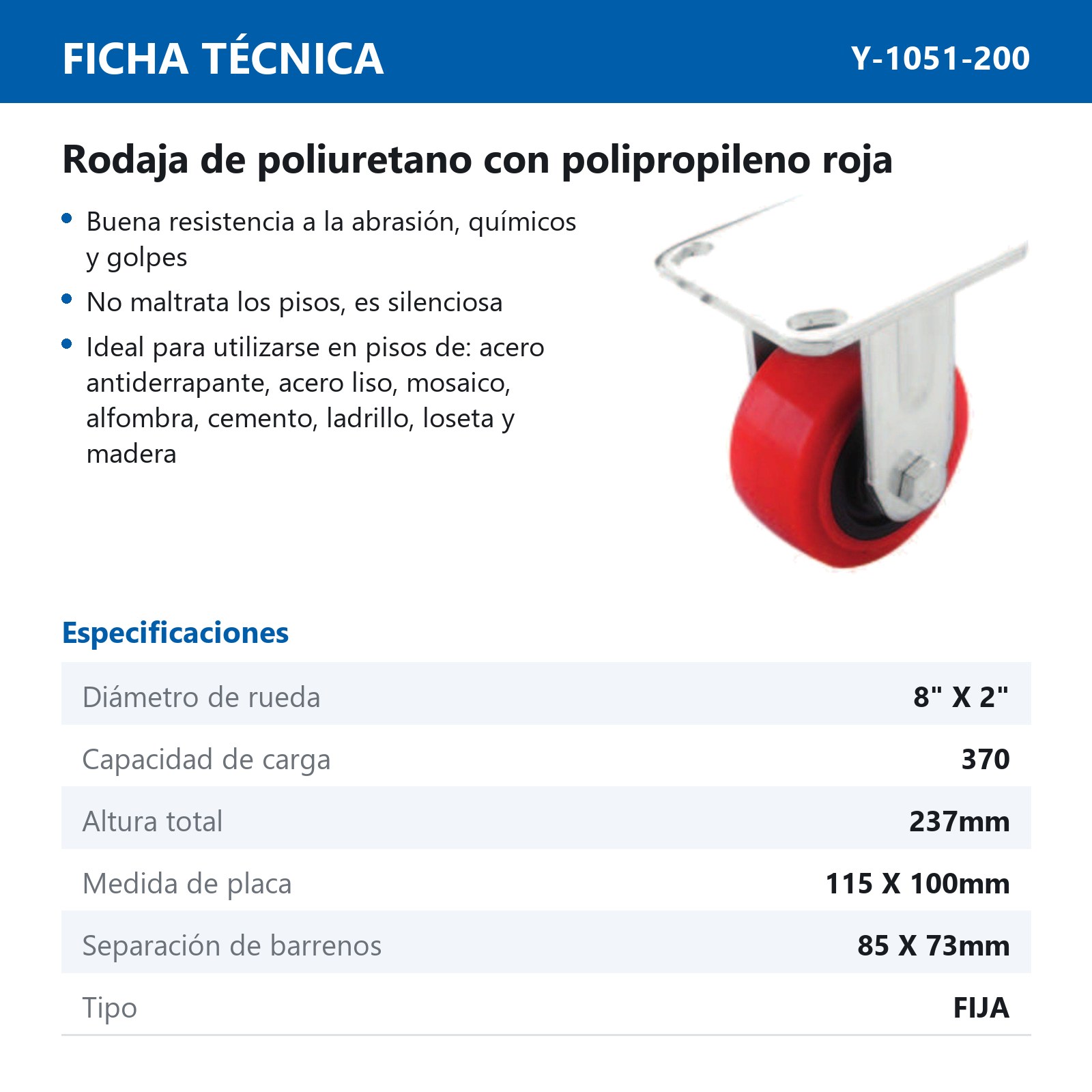 RODAJA PU C/PP FIJA 8X2" - Imagen 2
