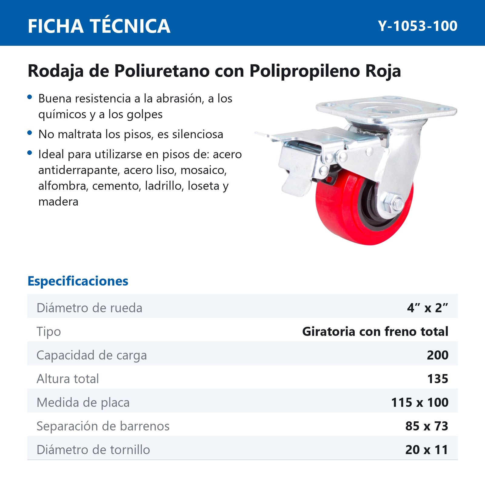 RODAJA PU C/PP GIRA. C/FRENO TOTAL 4 X 2" - Imagen 2