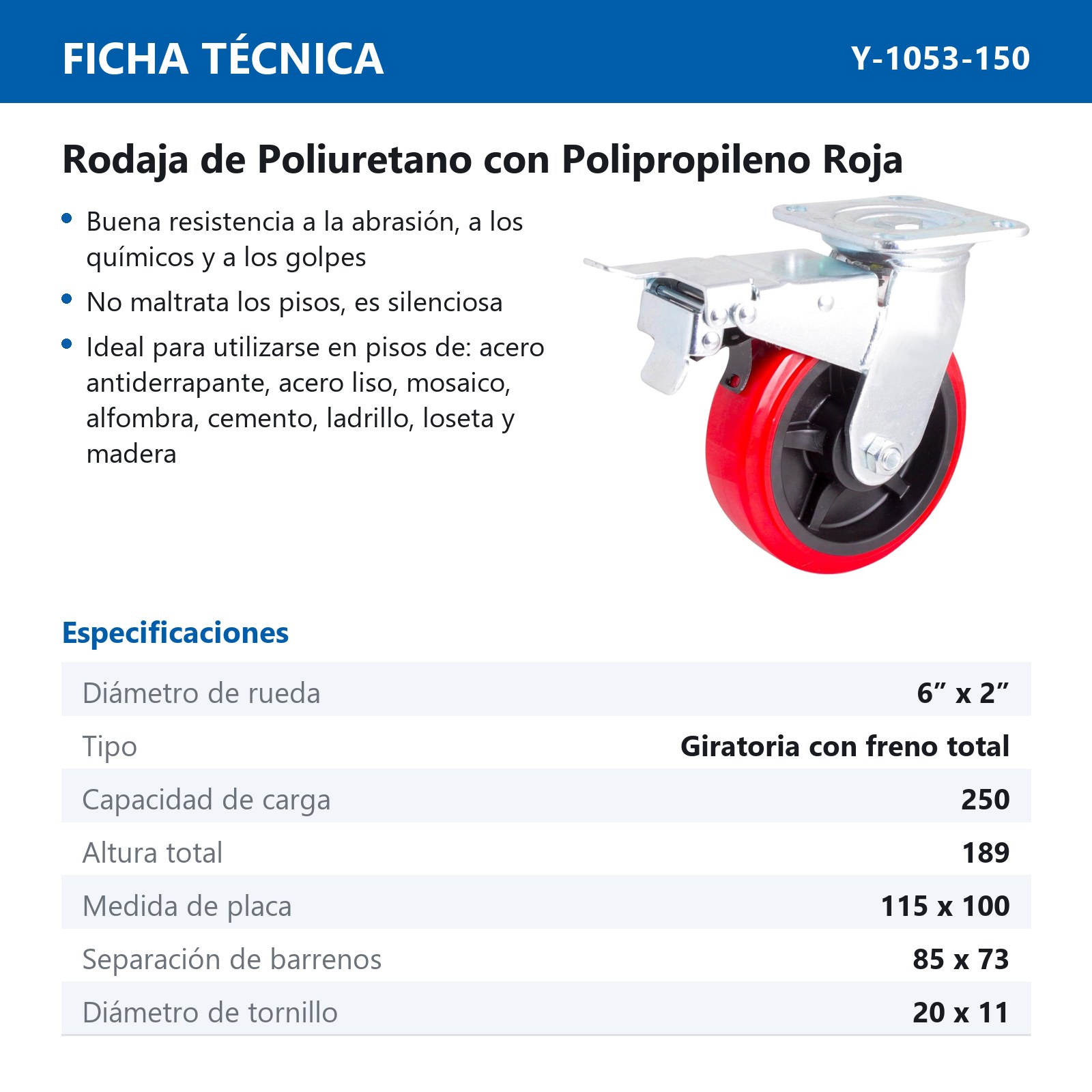 RODAJA PU C/PP GIRA. C/FRENO TOTAL 6 X 2" - Imagen 2