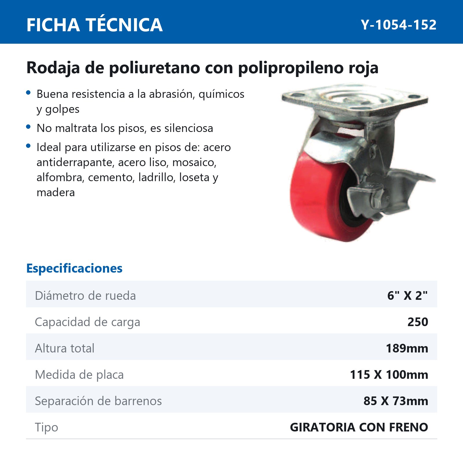 RODAJA PU C/PP GIRA. C/FRENO 6X2" - Imagen 2