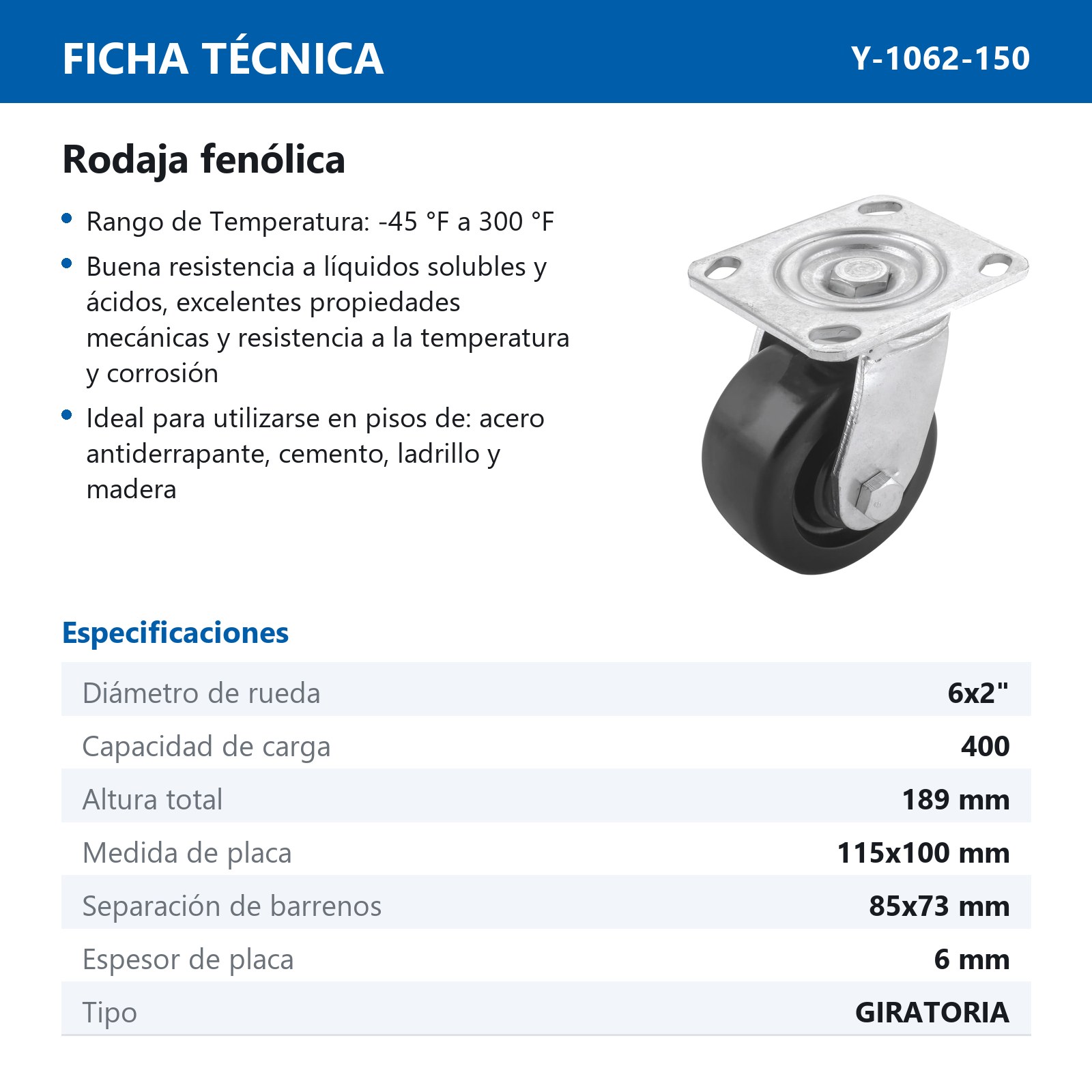 RODAJA FENOLICA GIRA. SIN FRENO 6X2" - Imagen 2