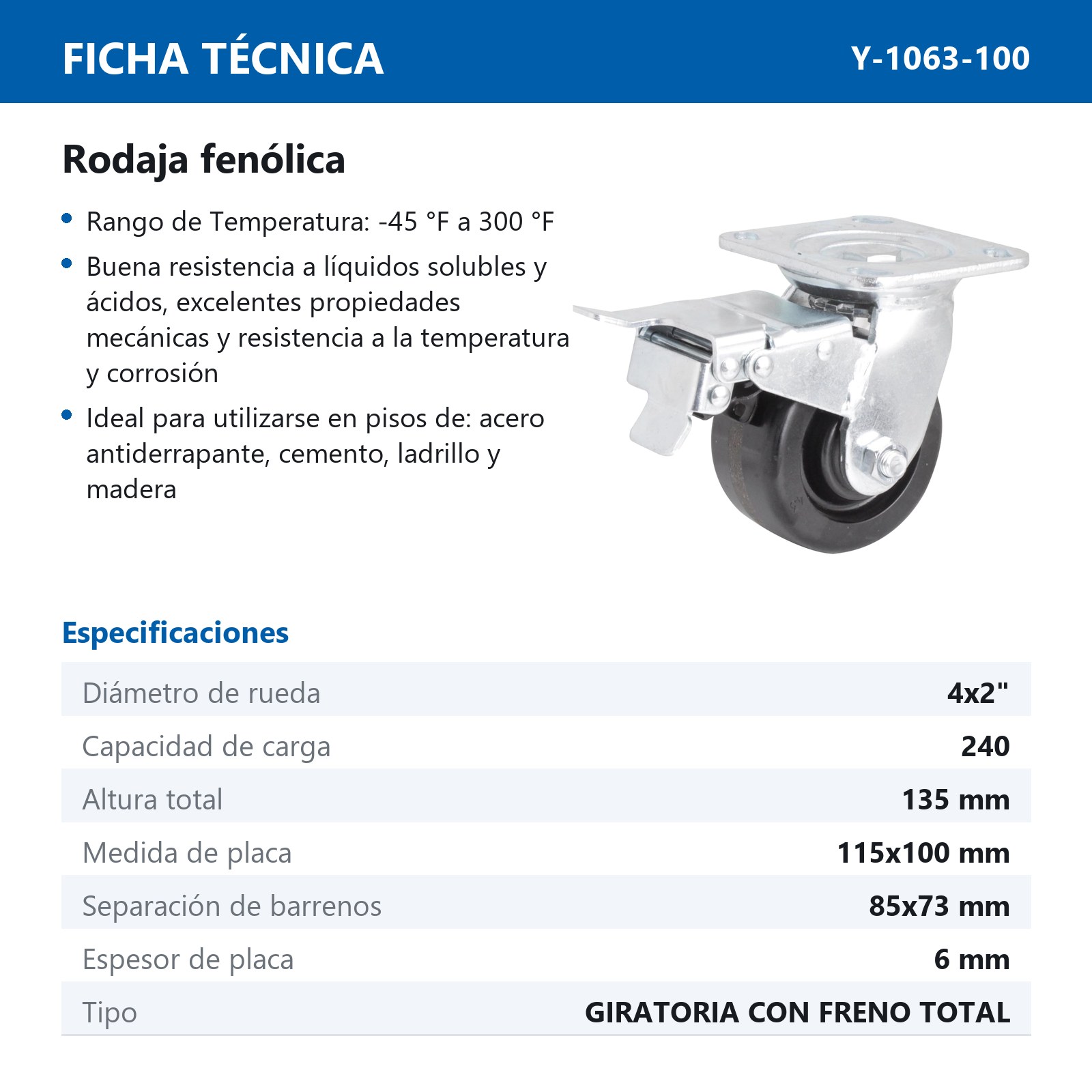 RODAJA FENOLICA GIRA. C/FRENO TOTAL 4 X 2" - Imagen 2