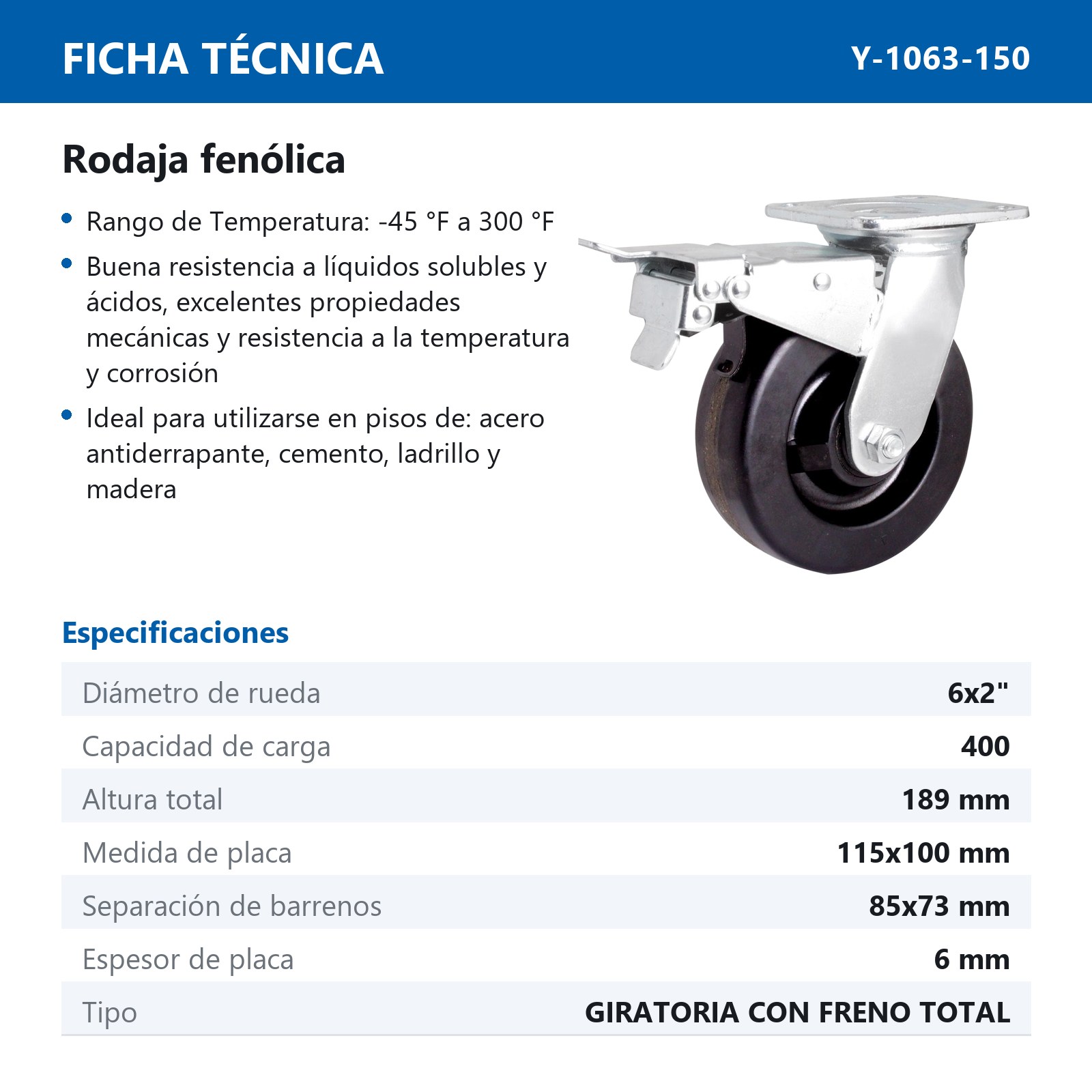 RODAJA FENOLICA GIRA. C/FRENO TOTAL 6 X 2" - Imagen 2