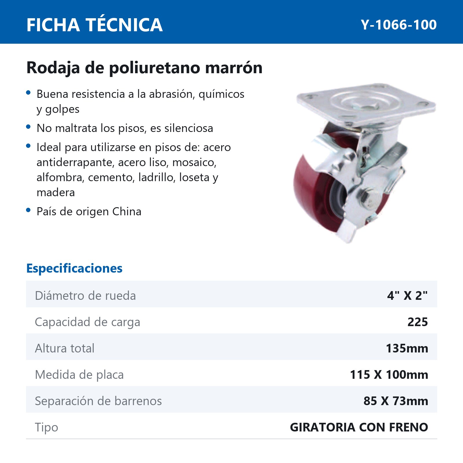 RODAJA MARRON PU GIRA. C/FRENO 4X2" - Imagen 2