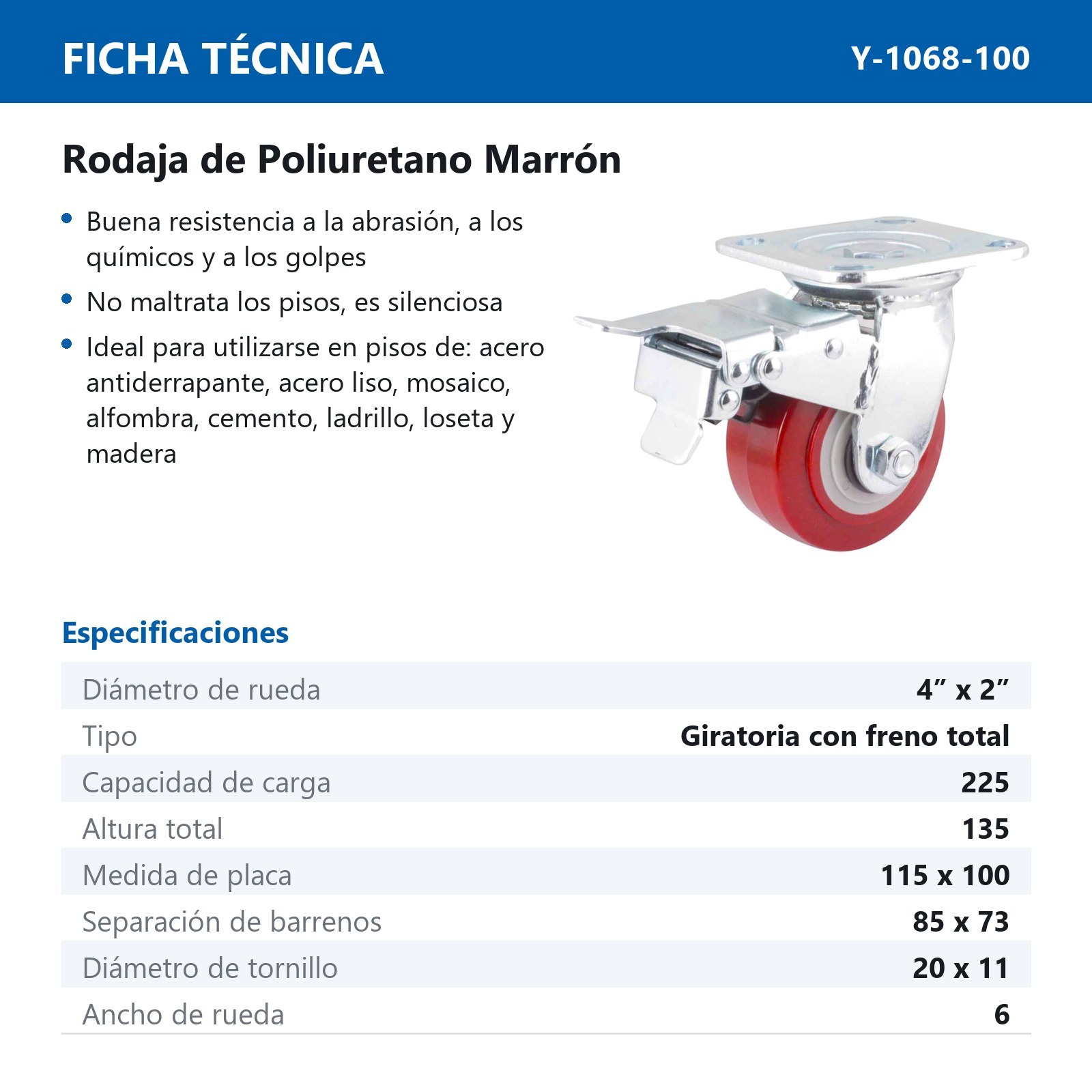 RODAJA MARRON PU GIRA. C/FRENO TOTAL 4X2" - Imagen 2