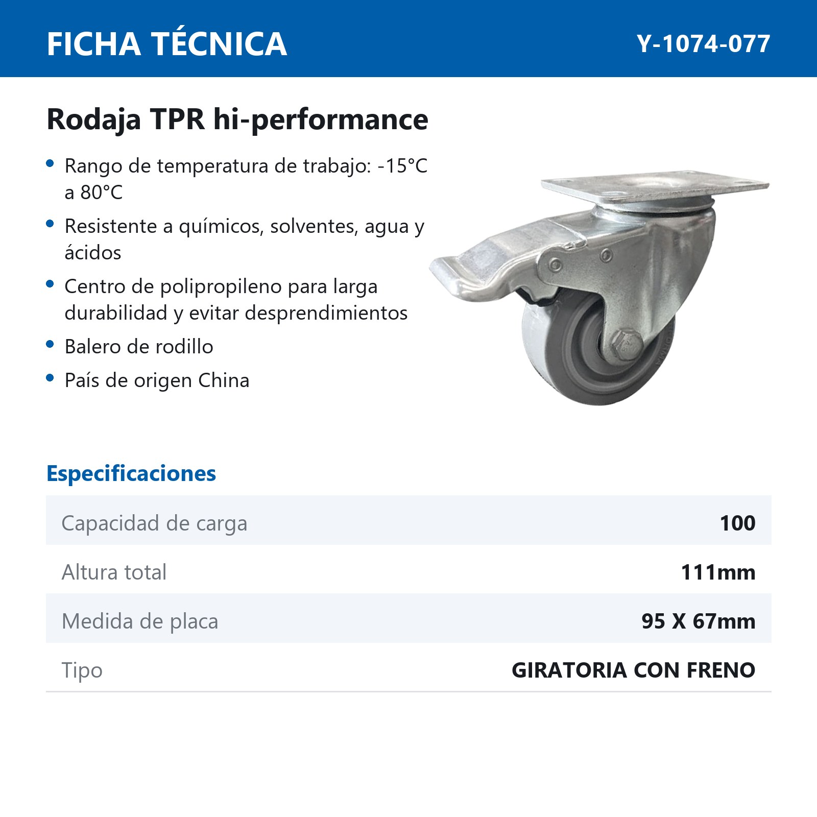 RODAJA TPR HI-PERFORMANCE GIRA. C/FRENO 3X1-1/4" - Imagen 2