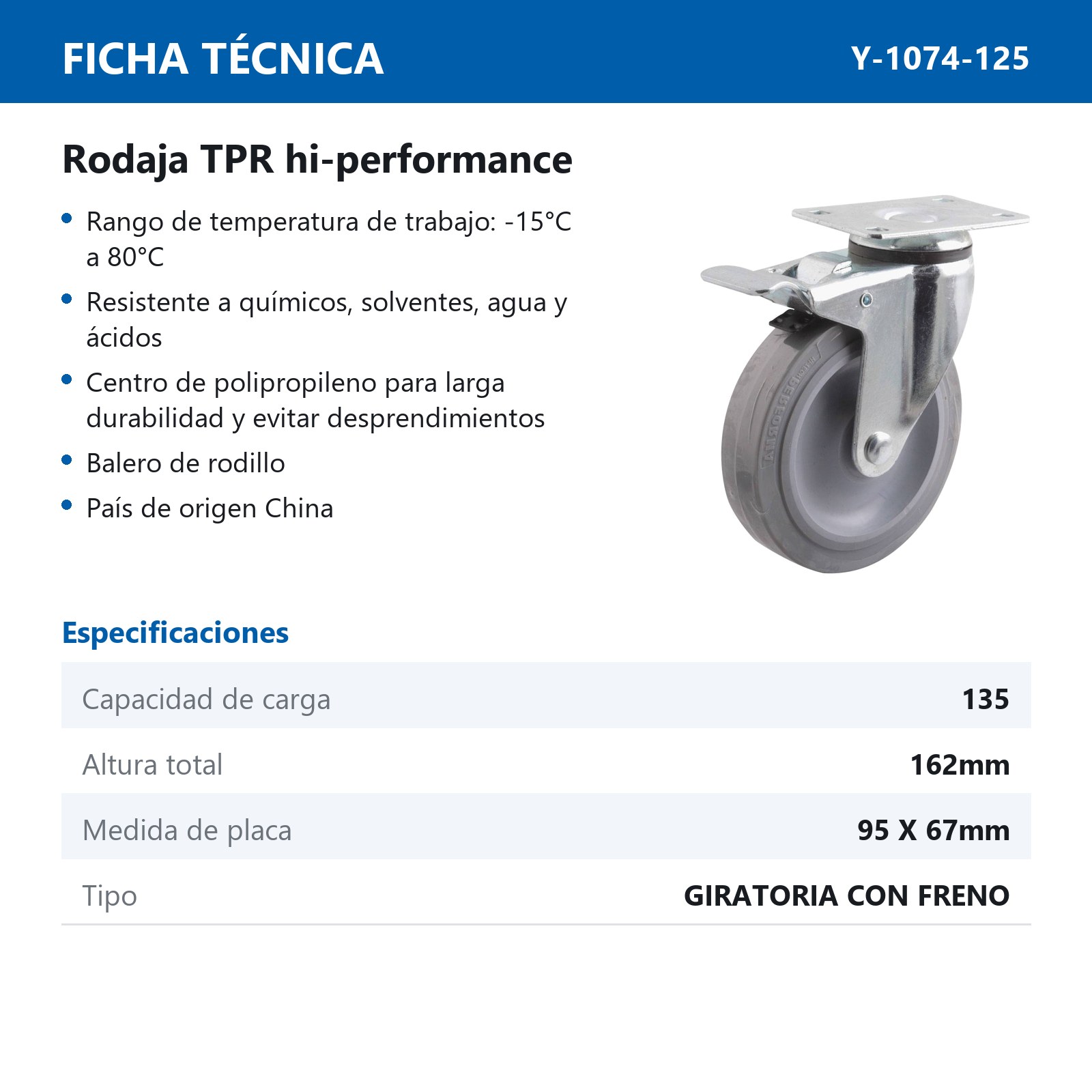RODAJA TPR HI-PERFORMANCE GIRA. C/FRENO 5X1-1/4" - Imagen 2