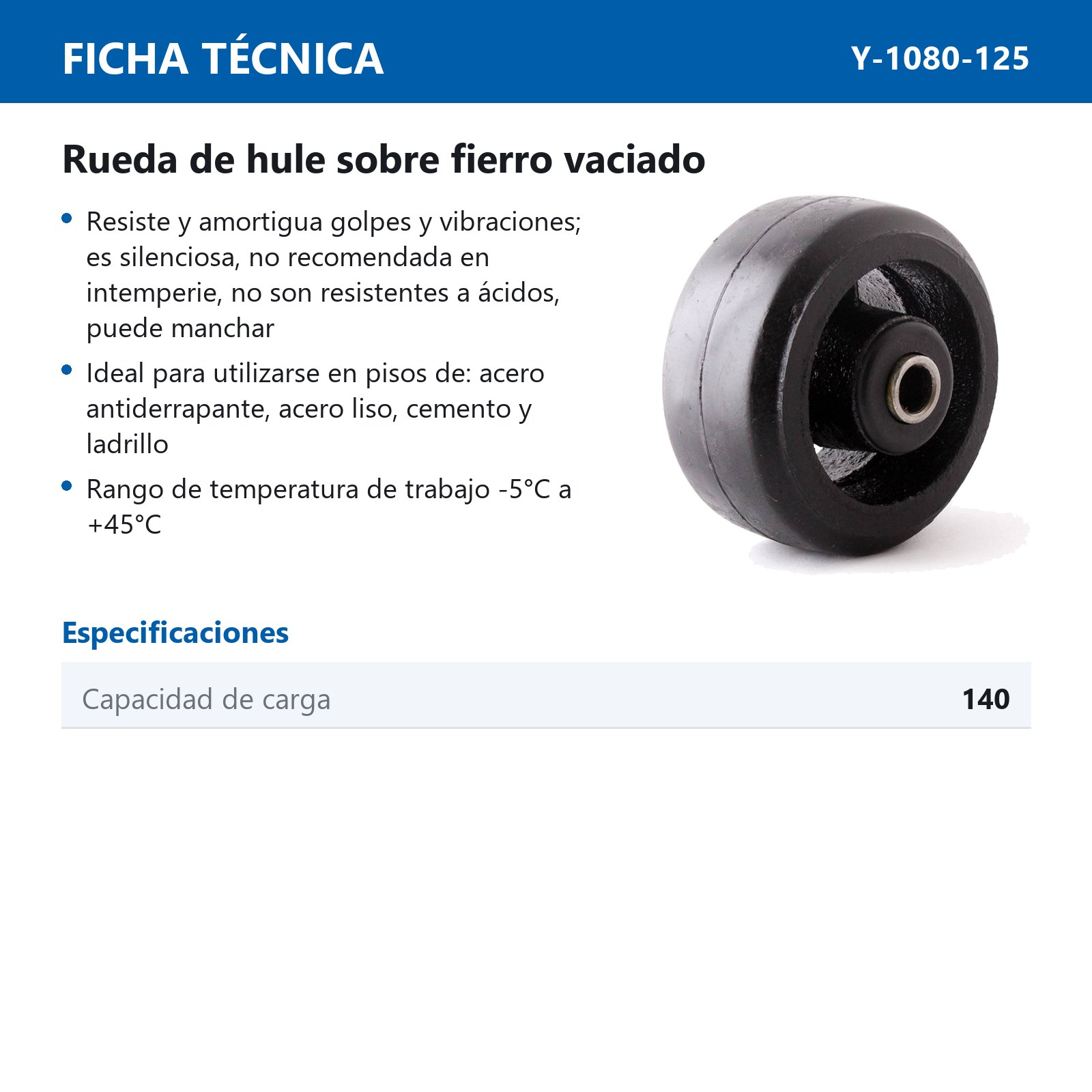 RUEDA FIERRO VACIADO C/HULE NGO. 5X2" C/BALERO (REEMPLAZA Y-1080-12550) - Imagen 2