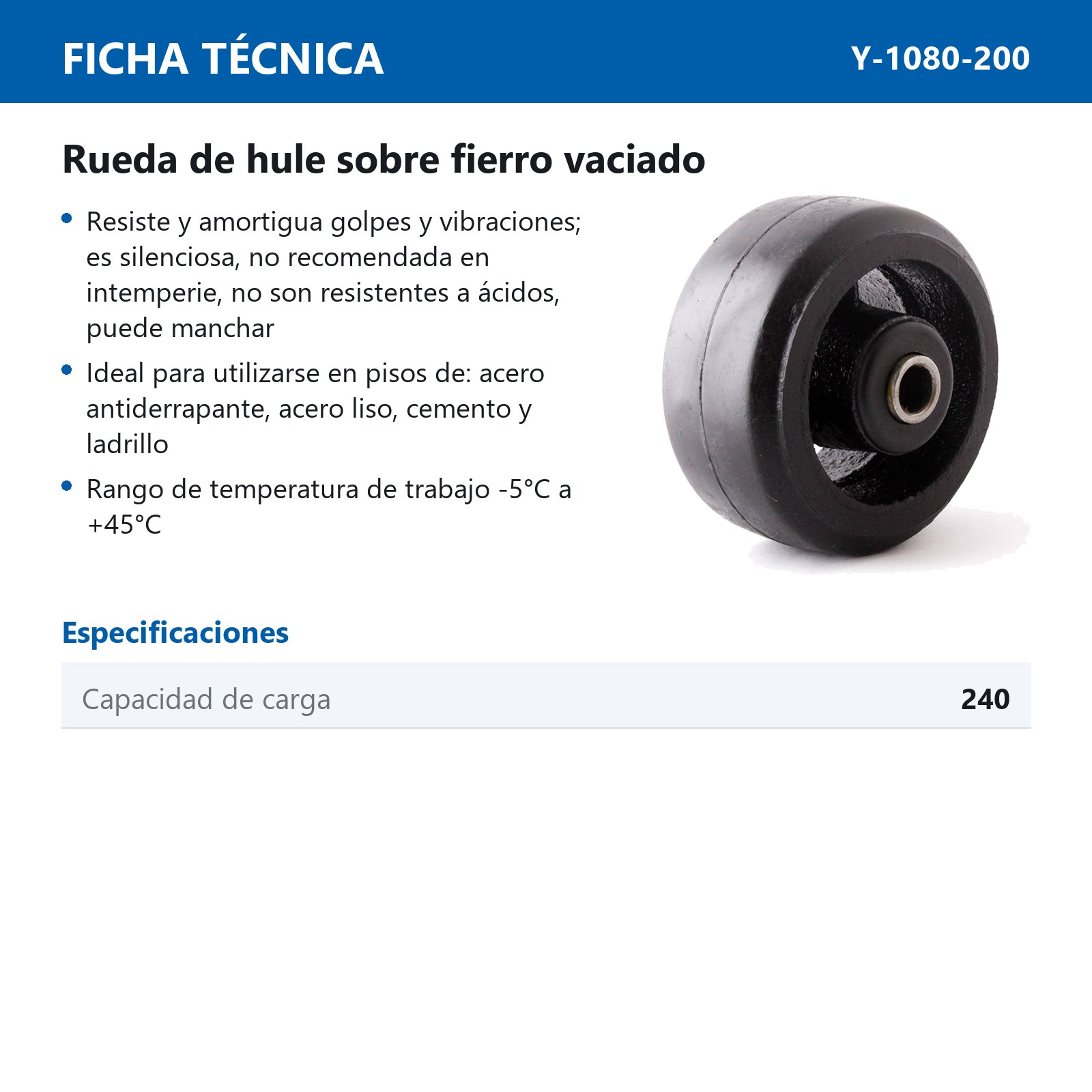 RUEDA FIERRO VACIADO C/HULE NGO. 8X2" C/BALERO (REEMPLAZA Y-1080-20050) - Imagen 2