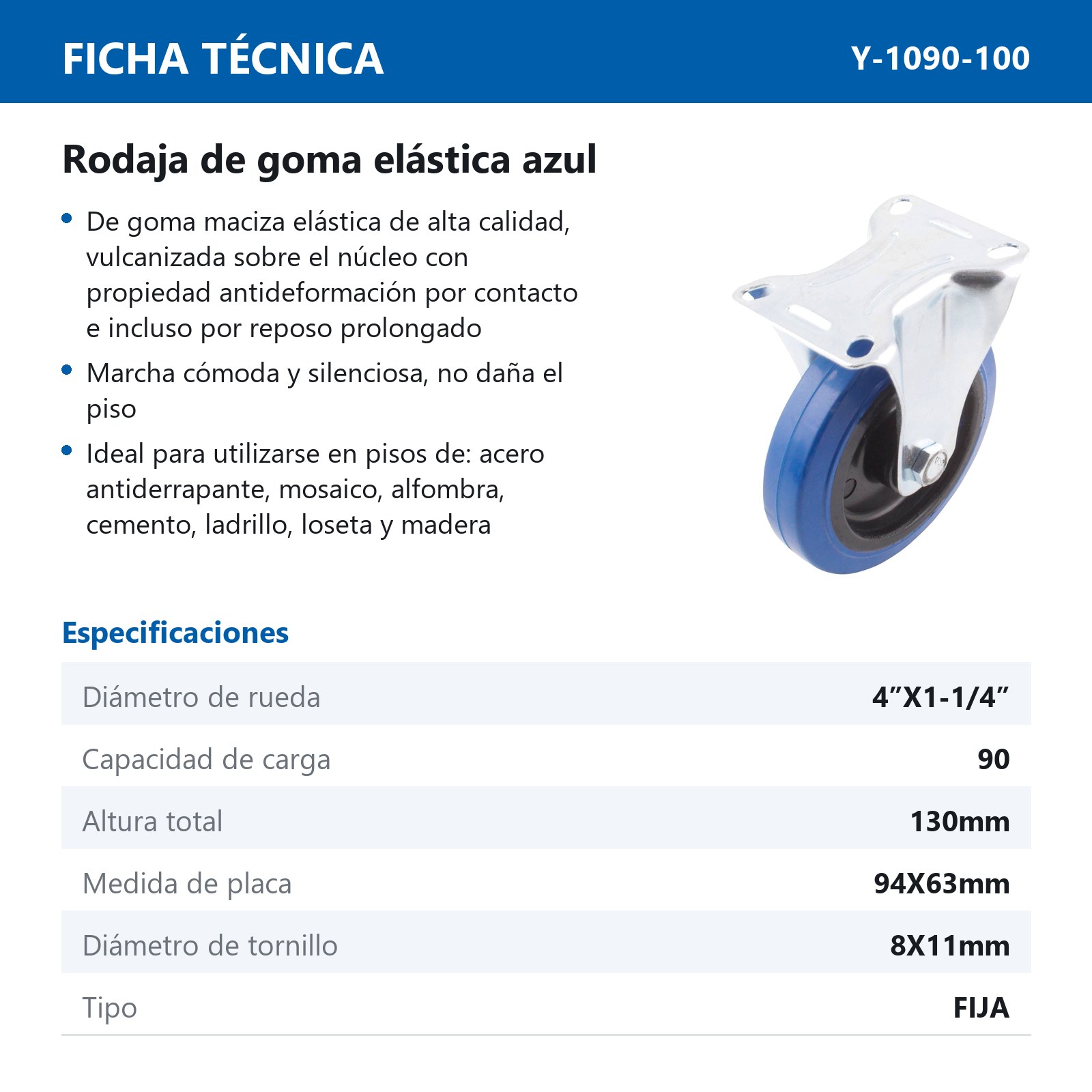 RODAJA FIJA DE GOMA AZUL 4" x 1-1/4" - Imagen 2
