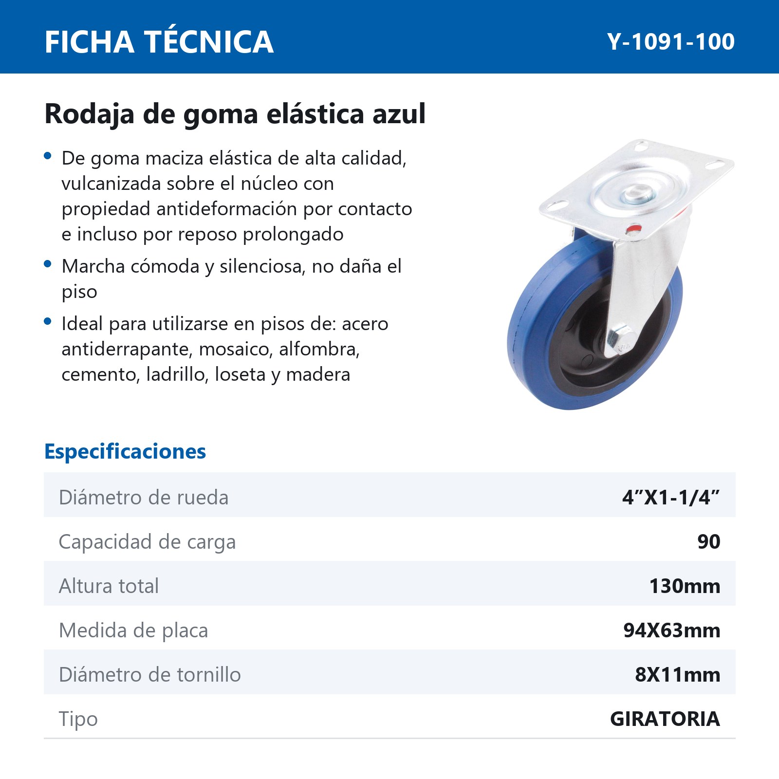 RODAJA GIRA. DE GOMA AZUL 4" x 1-1/4" - Imagen 2