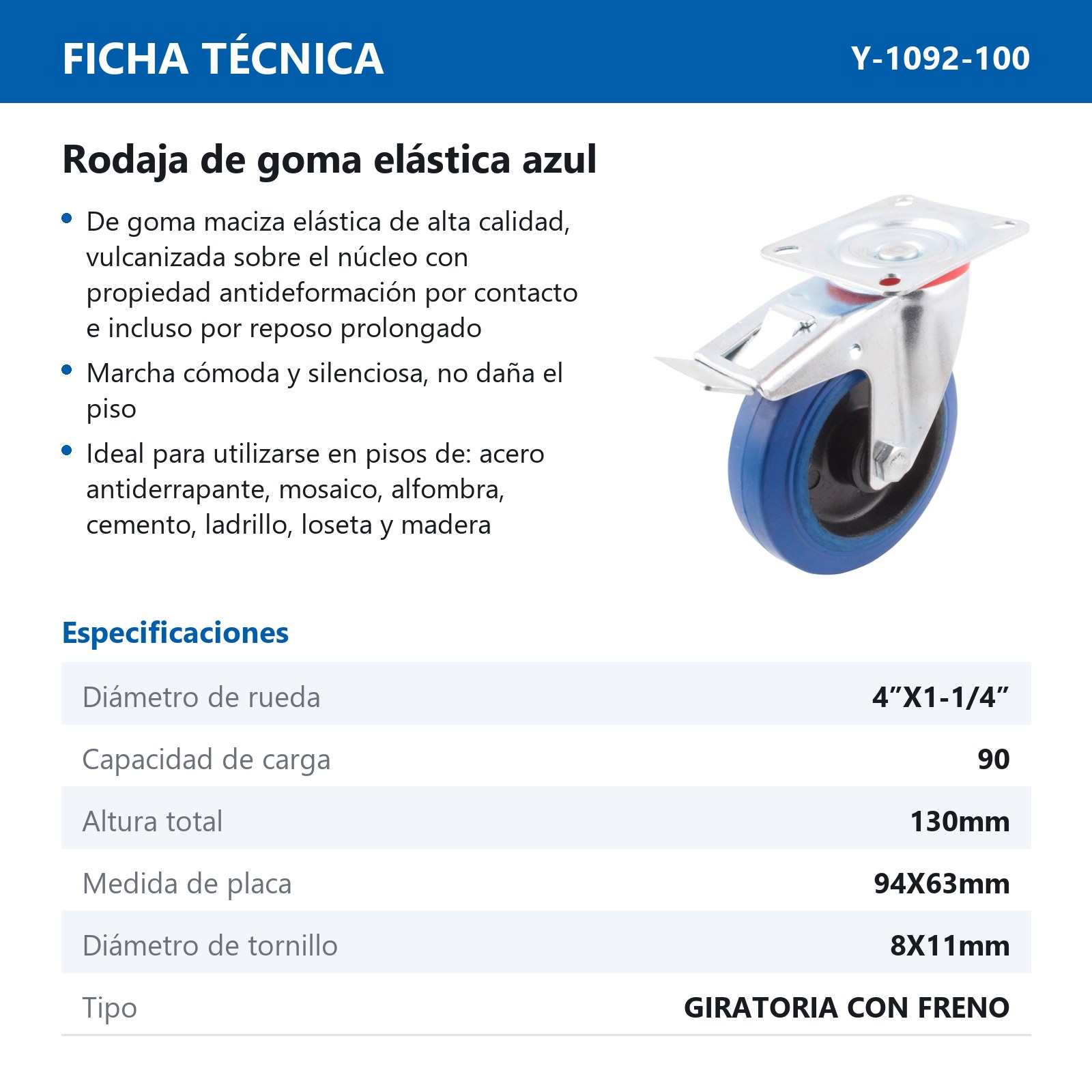 RODAJA GIRA. C/FRENO DE GOMA AZUL 4" x 1-1/4" - Imagen 2