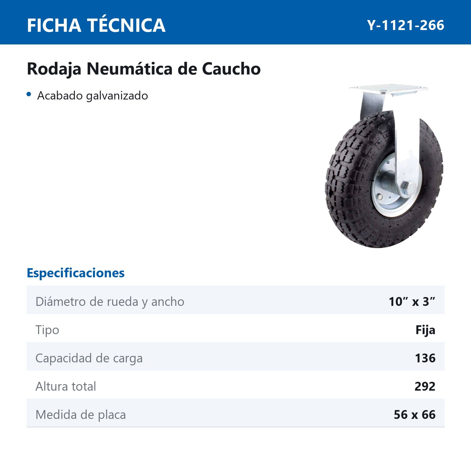 RODAJA NEUMATICA 10" x 3" FIJA - Imagen 2
