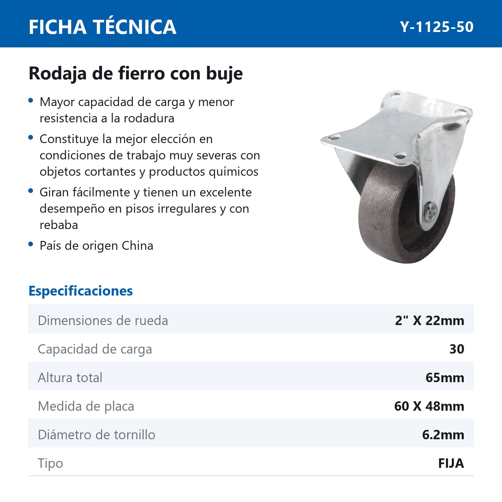 RODAJA DE FIERRO FIJA C/BUJE 2" x 22mm - Imagen 2