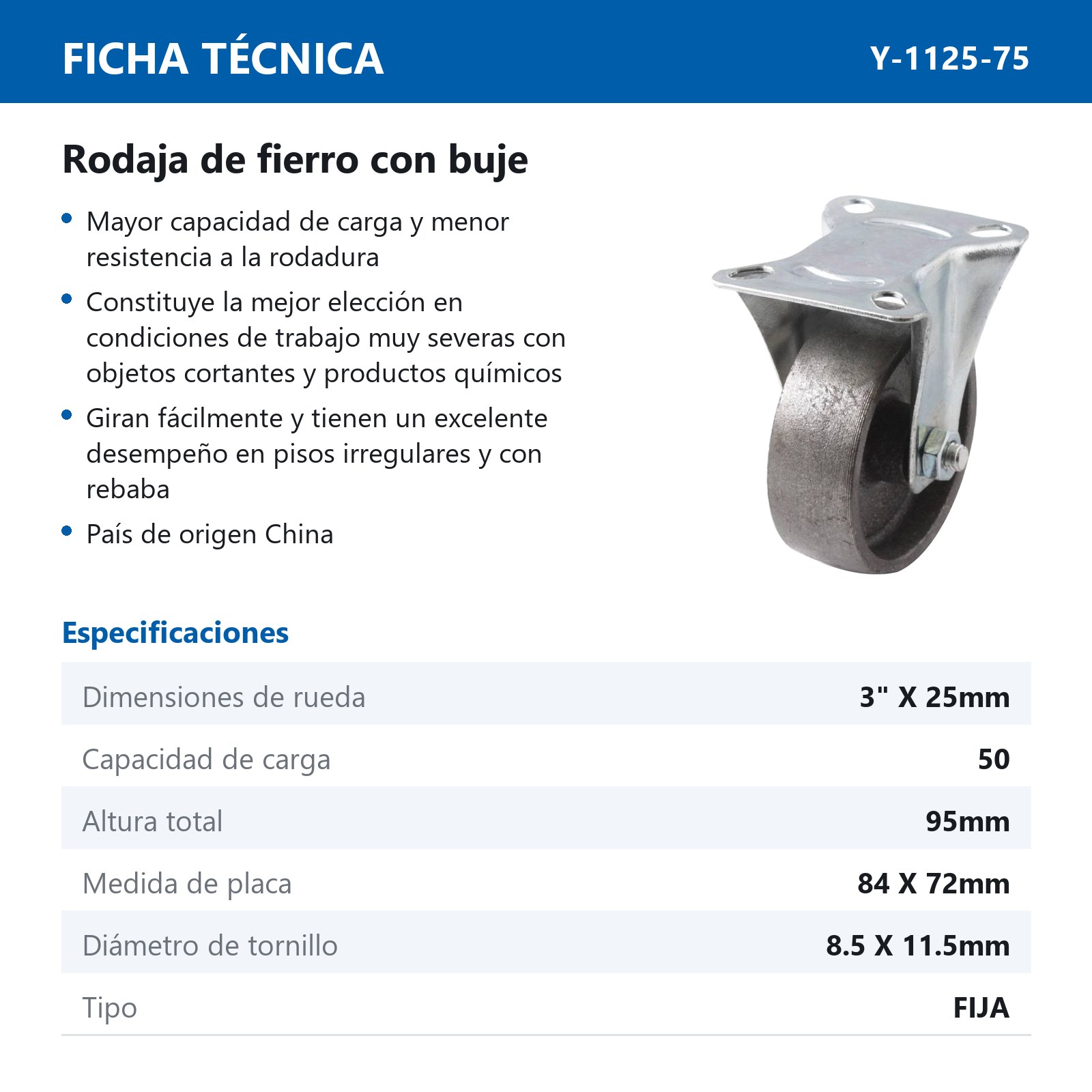 RODAJA DE FIERRO FIJA C/BUJE 3" x 25mm - Imagen 2