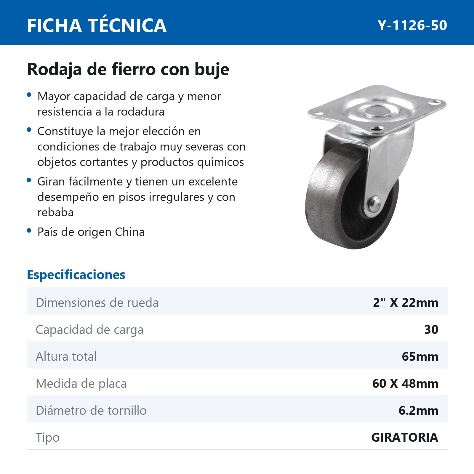 RODAJA DE FIERRO GIRATORIA C/BUJE 2" x 22mm - Imagen 2