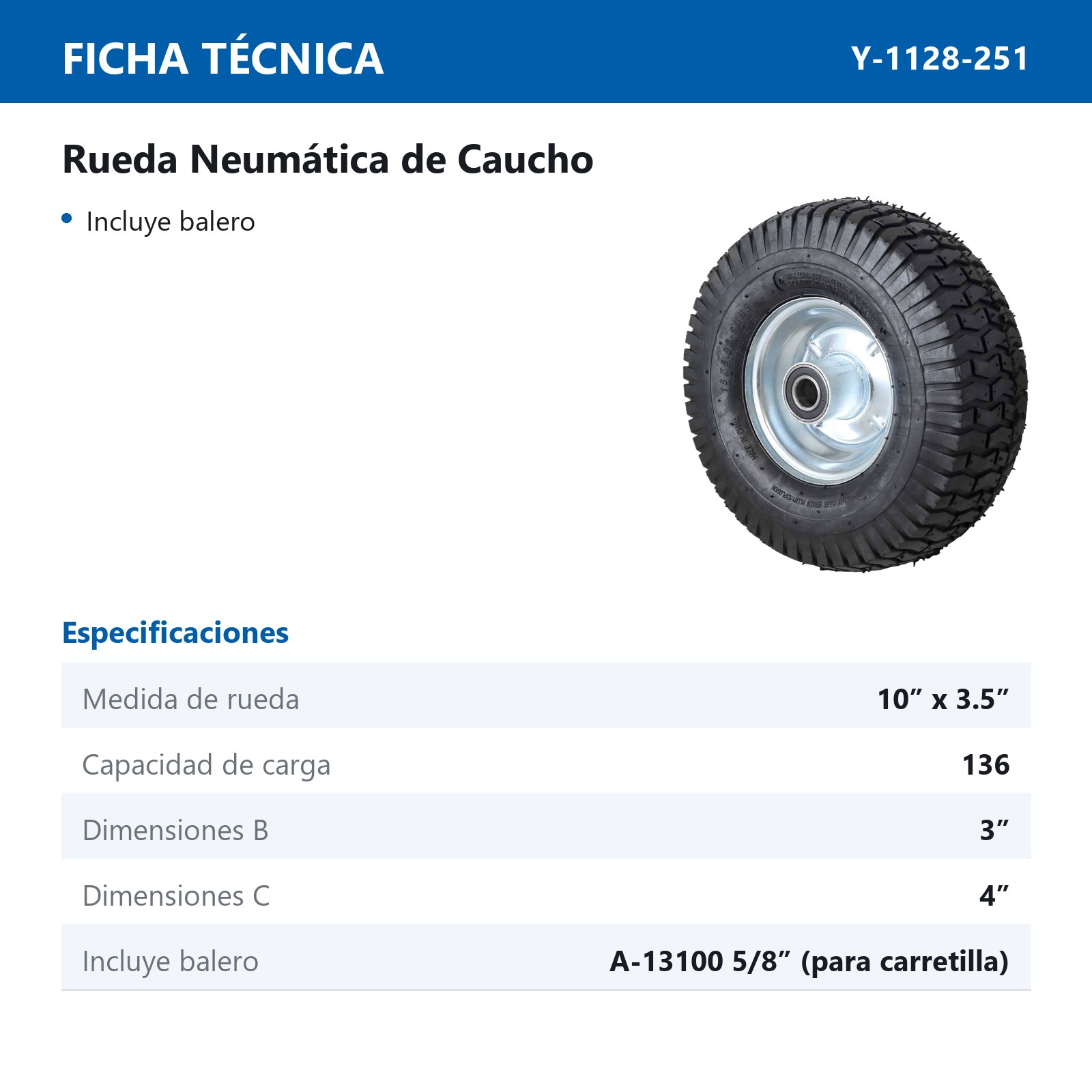 RUEDA NEUMATICA 10" X 3.50" ENTRADA 5/8" - Imagen 2