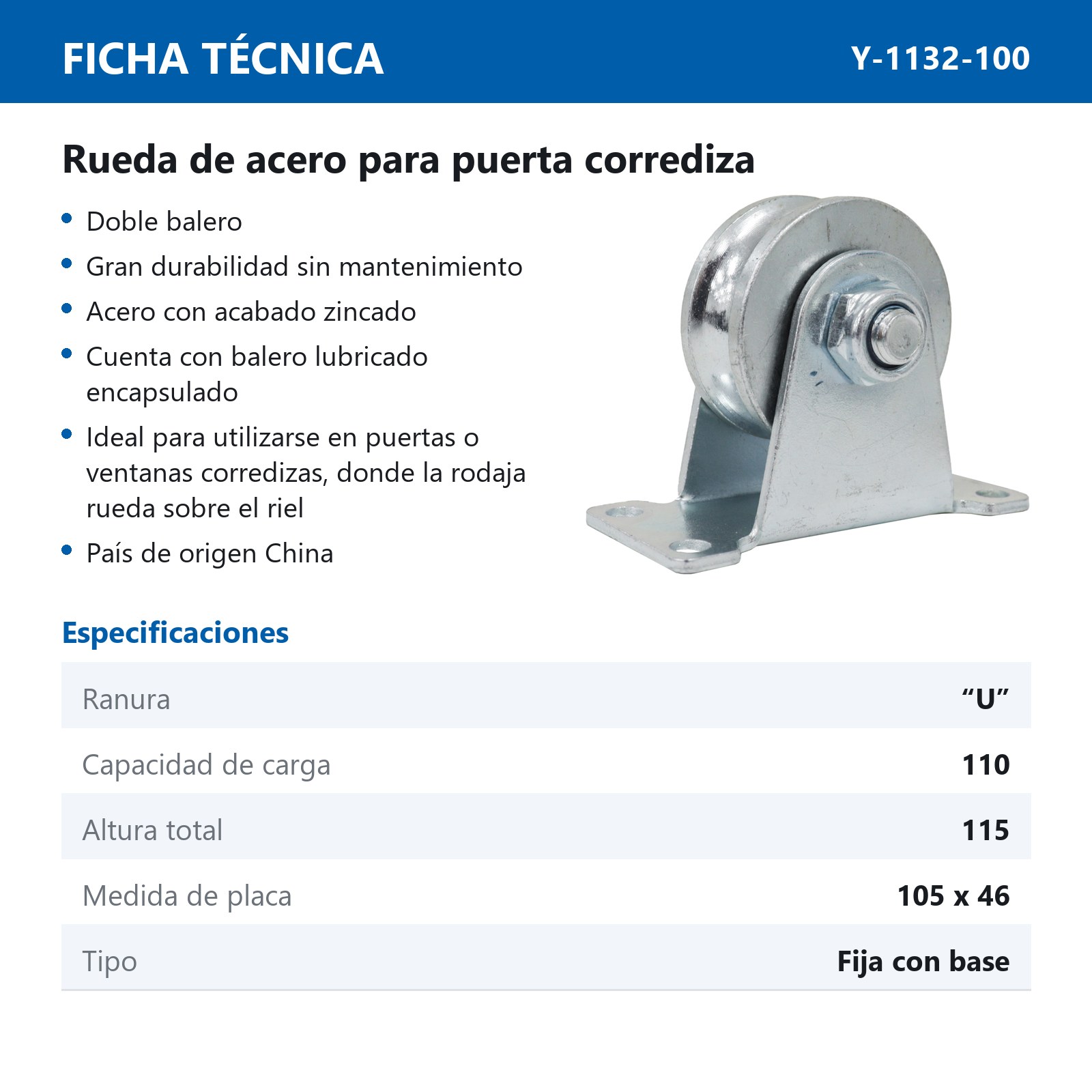 RUEDA C/BASE P/PUERTA CORREDIZA  D/ACERO ZINCADA RANURA "U" FIJA 4" X 21.5MM - Imagen 2