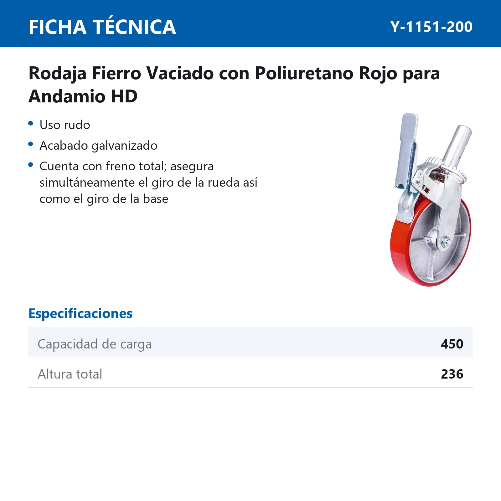 RODAJA ANDAMIO ROJO FIERRO VACIADO 8X2" HD - Imagen 2
