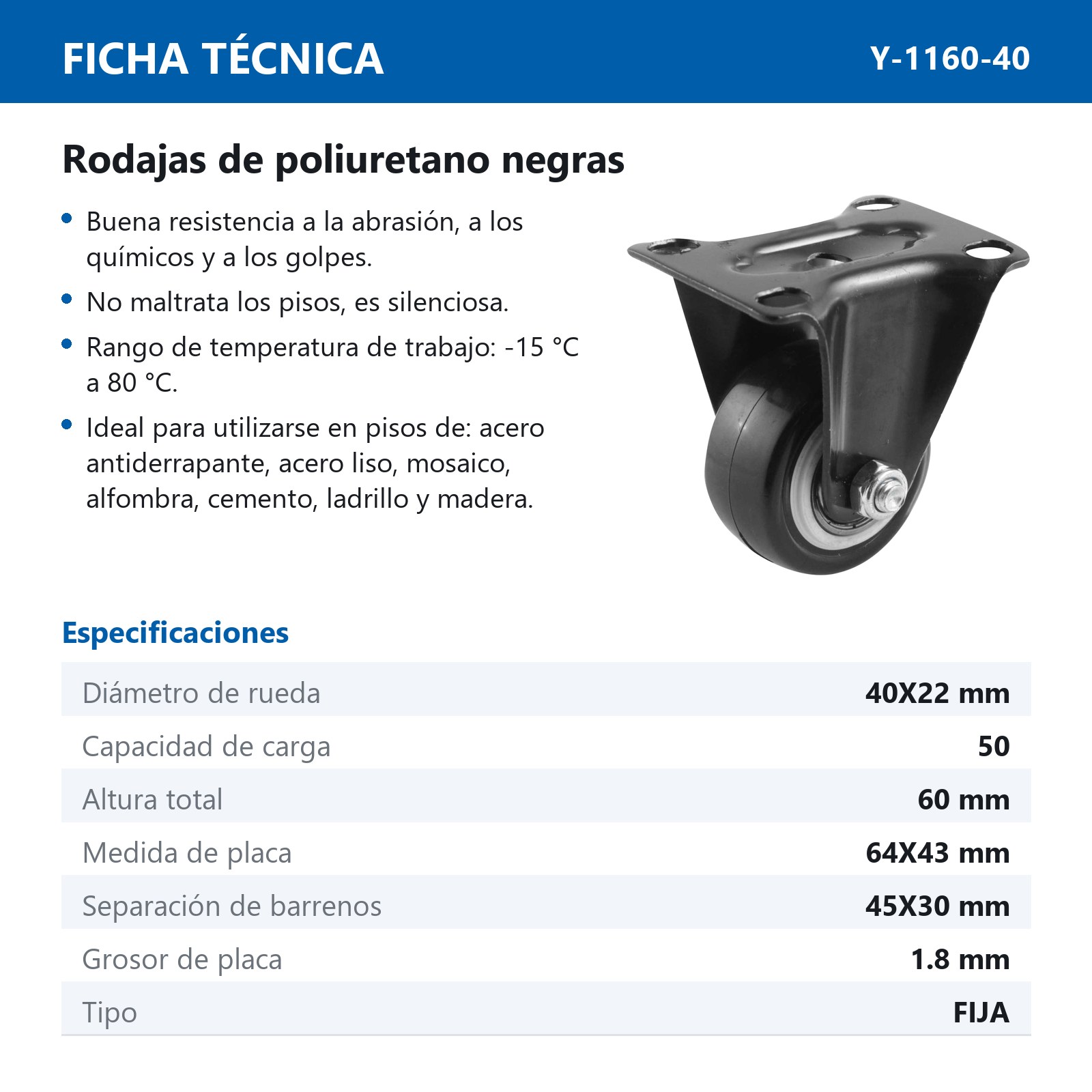 RODAJA NEGRA PU C/BALERO FIJA 1-1/2'' (40X22MM) - Imagen 2