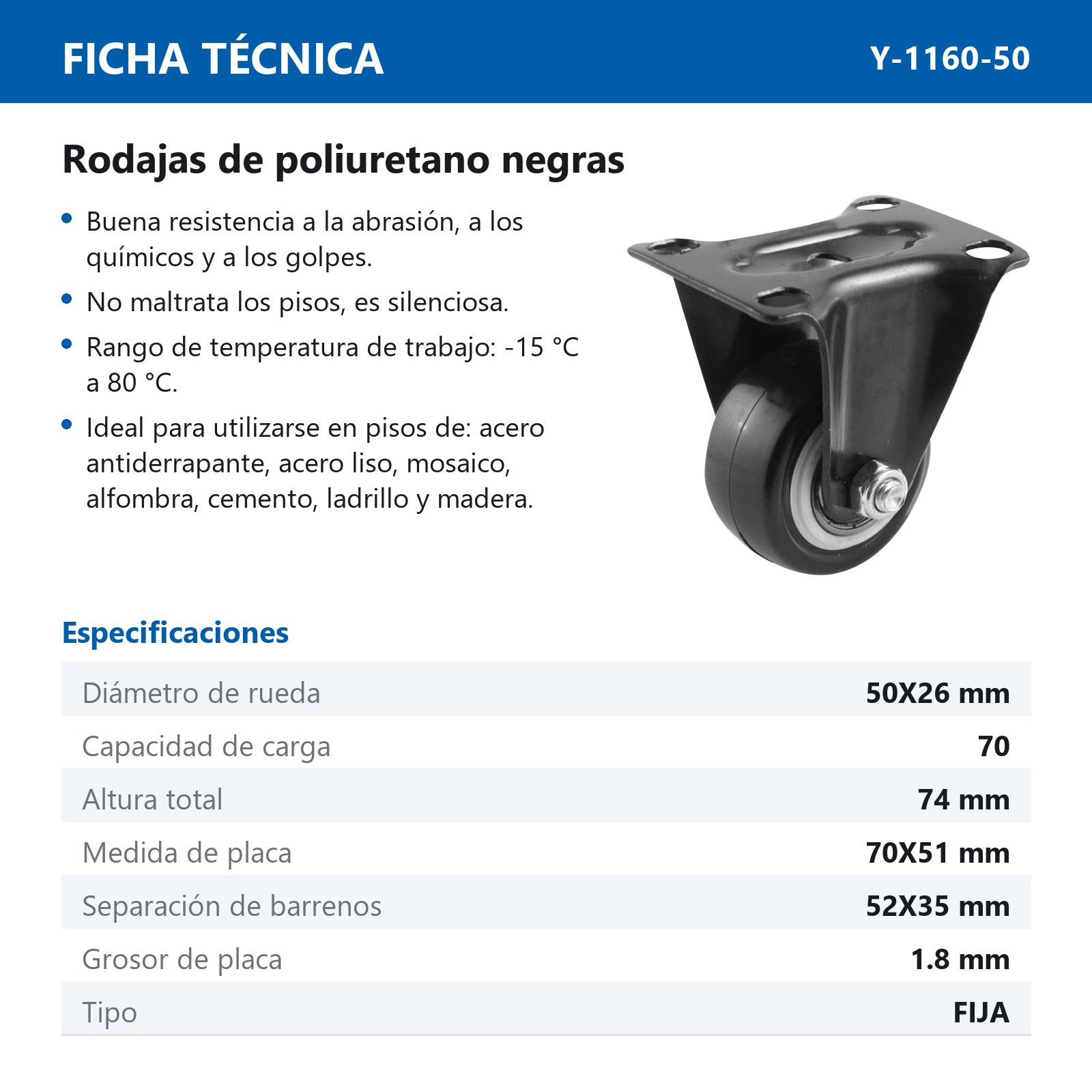 RODAJA NEGRA PU C/BALERO FIJA 2'' (50X26MM) - Imagen 2