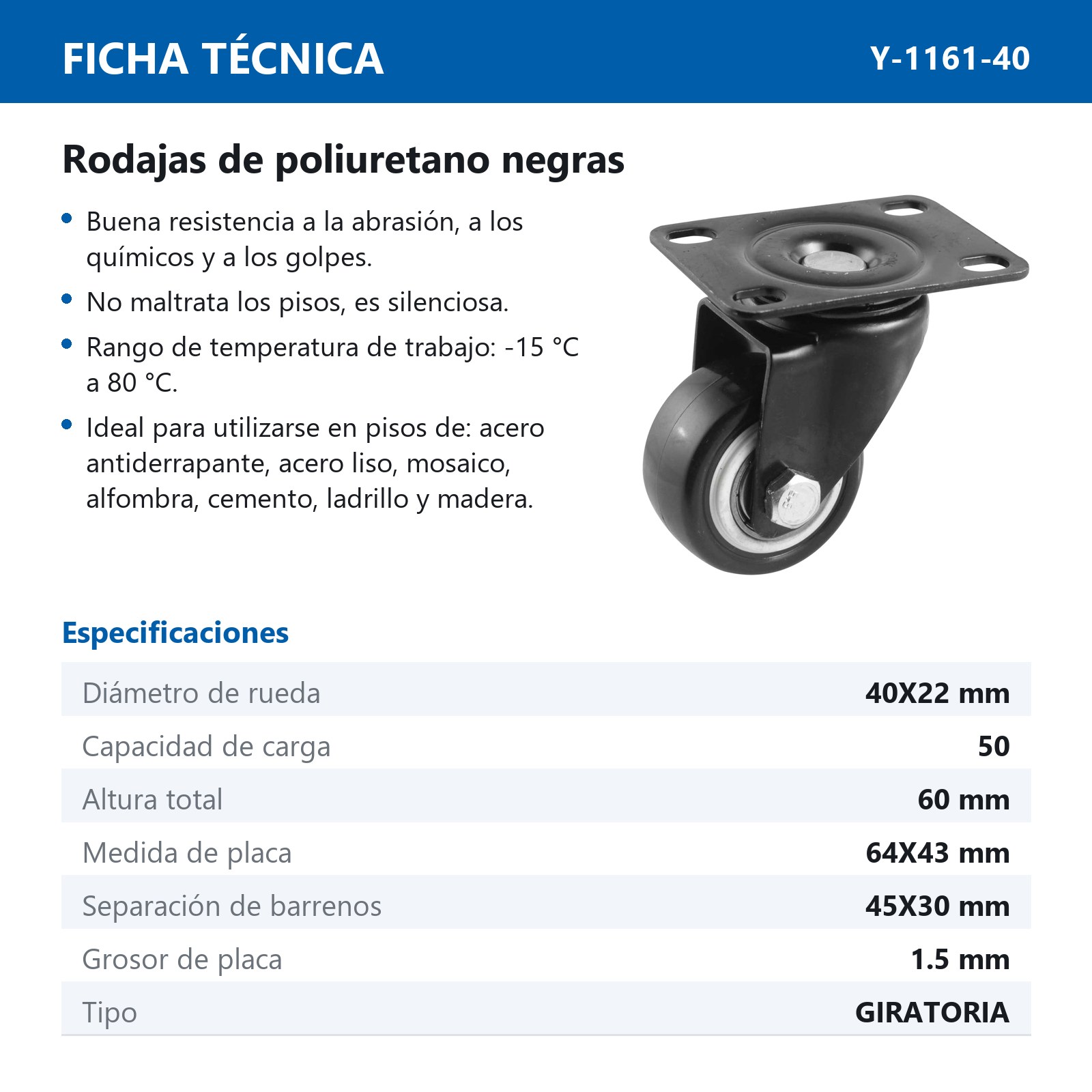RODAJA NEGRA PU C/BALERO GIRA. 1-1/2'' (40X22MM) - Imagen 2