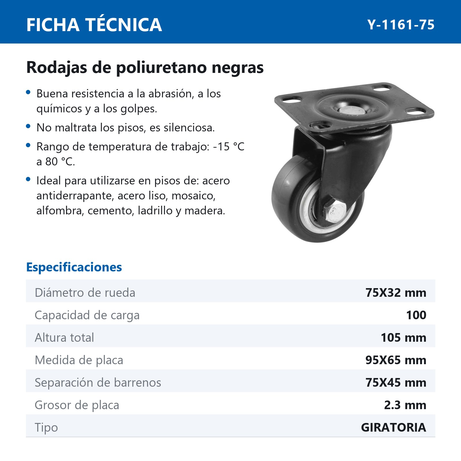 RODAJA NEGRA PU C/BALERO GIRA. 3'' (75X32MM) - Imagen 2