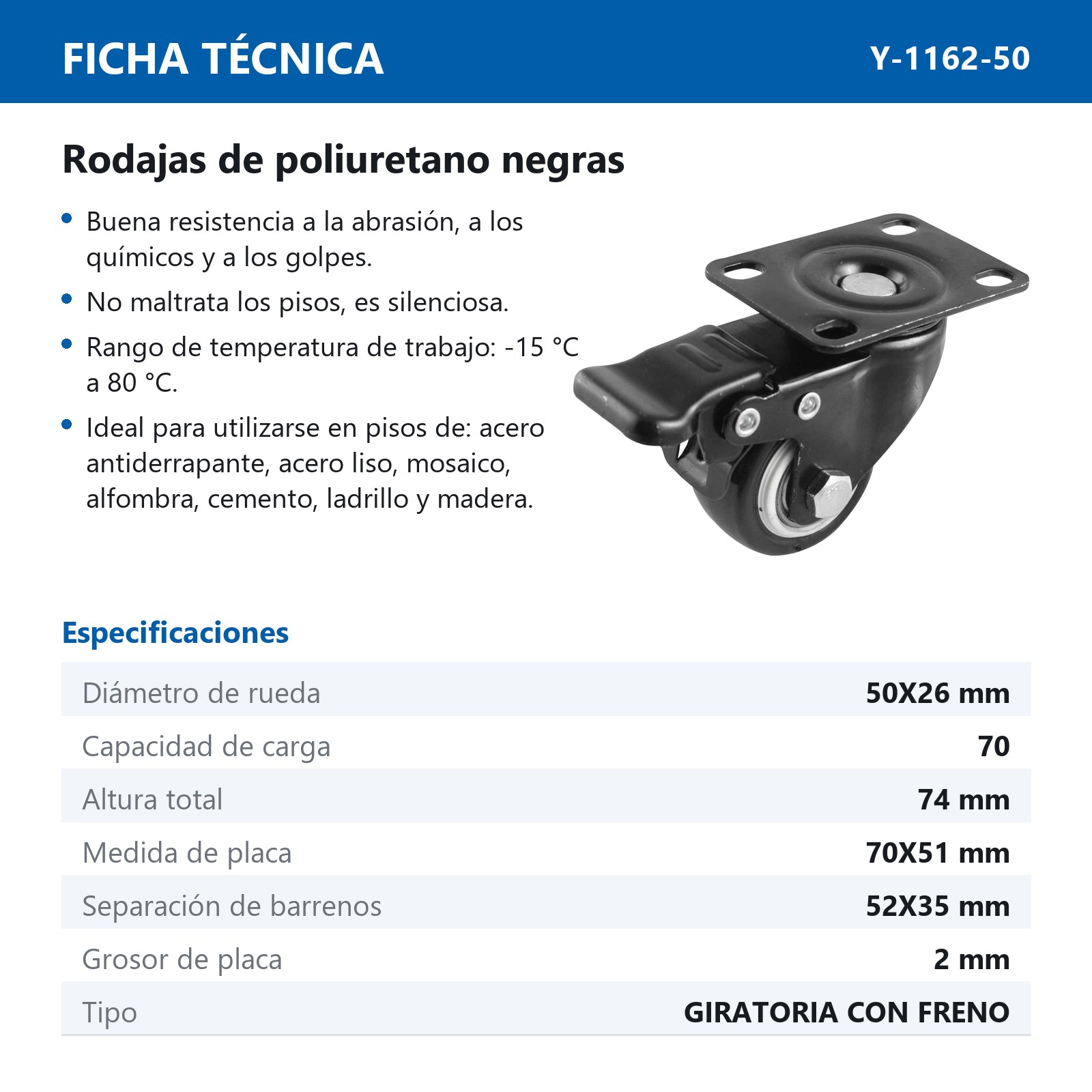 RODAJA NEGRA PU C/BALERO GIRA. C/FRENO 2'' (50X26MM) - Imagen 2