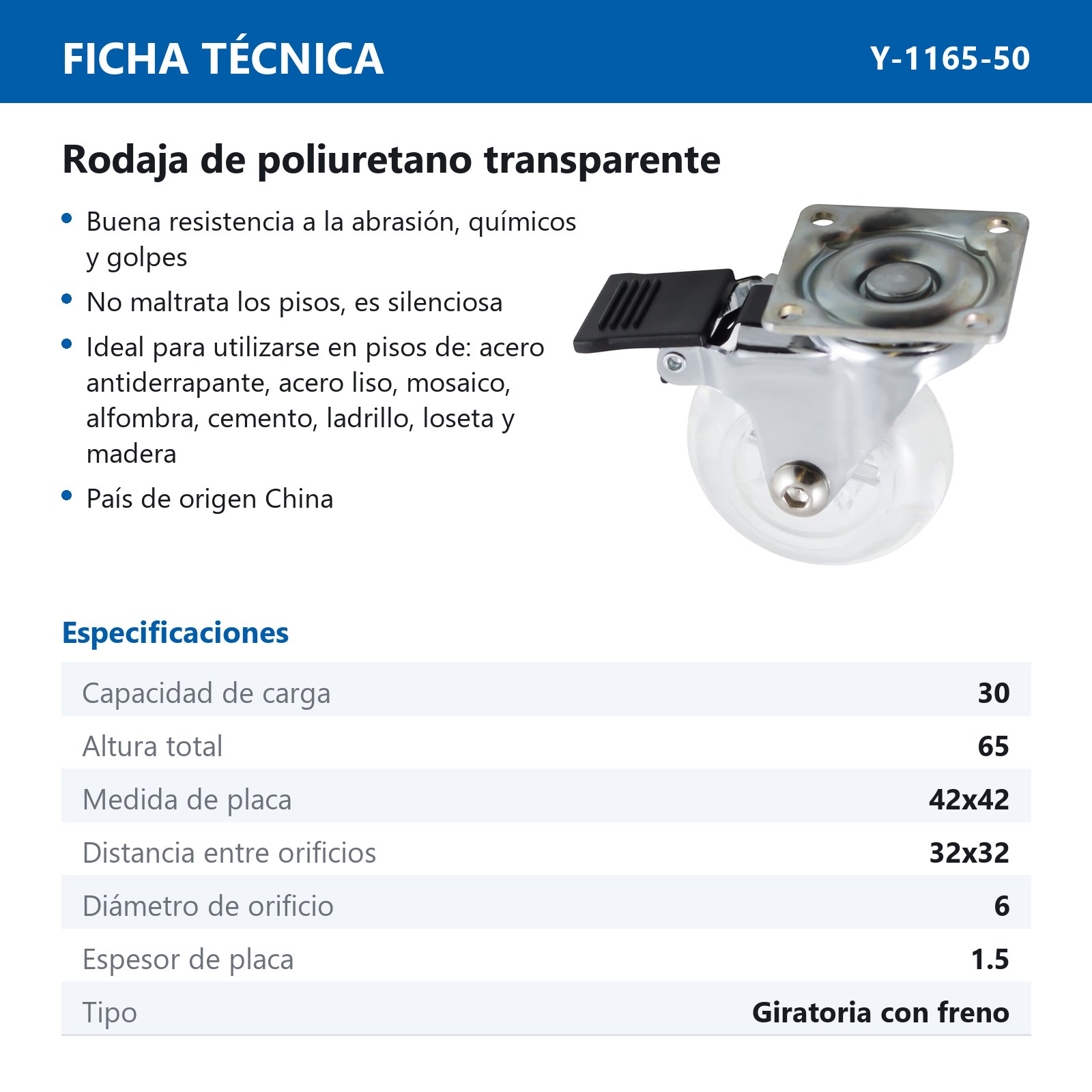 RODAJA GIR. C/FRENO PLAST. PU TRANSPARENTE 2'' (50X21MM) - Imagen 2