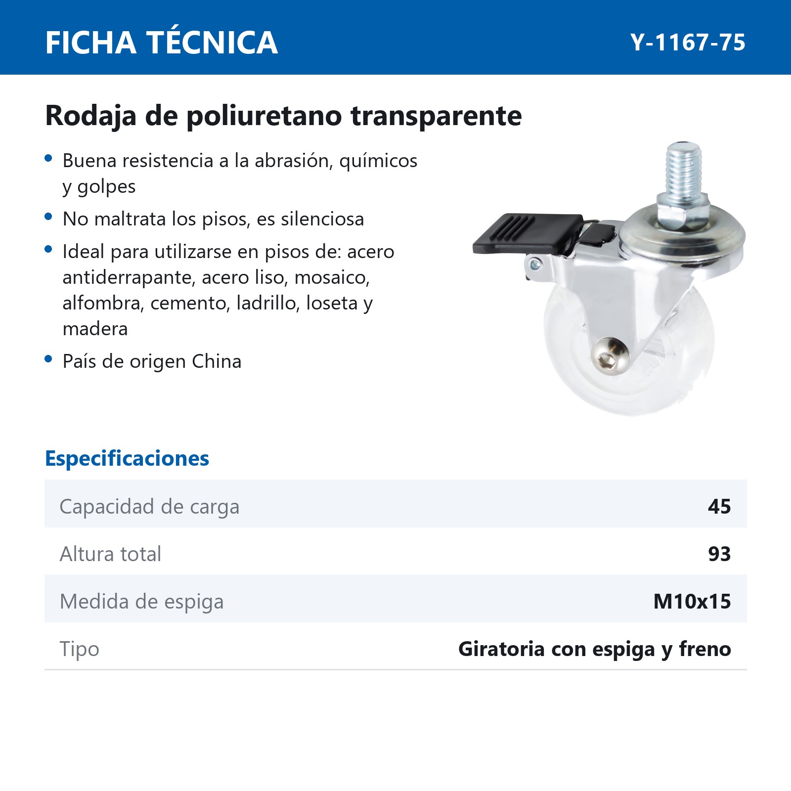 RODAJA GIR. C/FRENO PLAST. C/ESP. ROSCADA PU TRANSPARENTE 3'' (75X25MM) - Imagen 2