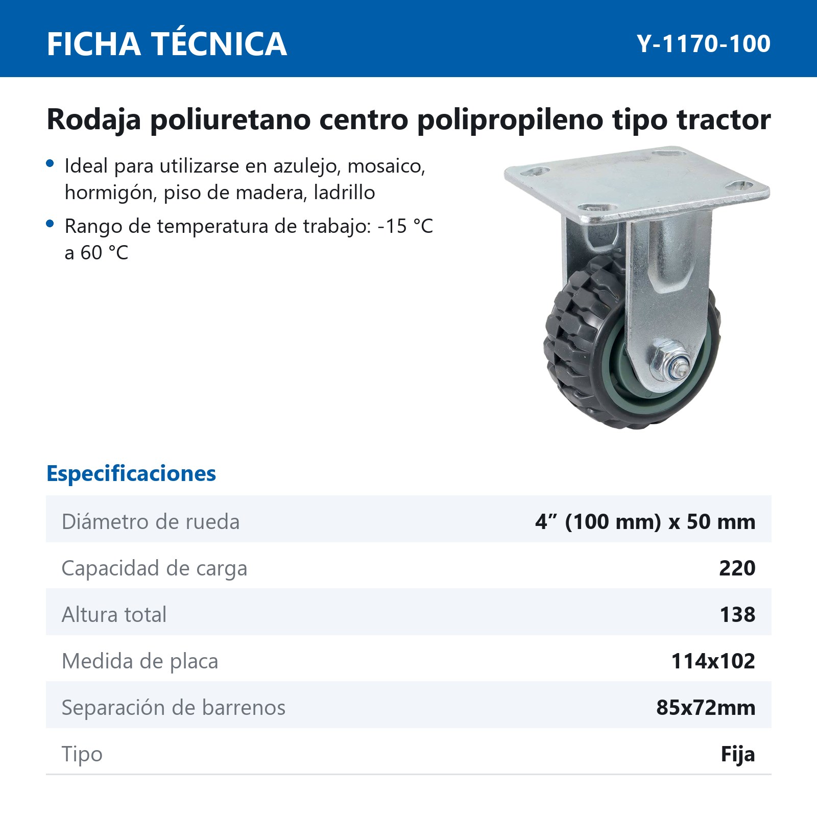 RODAJA DE PU CENTRO PP FIJA TIPO TRACTOR 4" (100*50MM) - Imagen 2