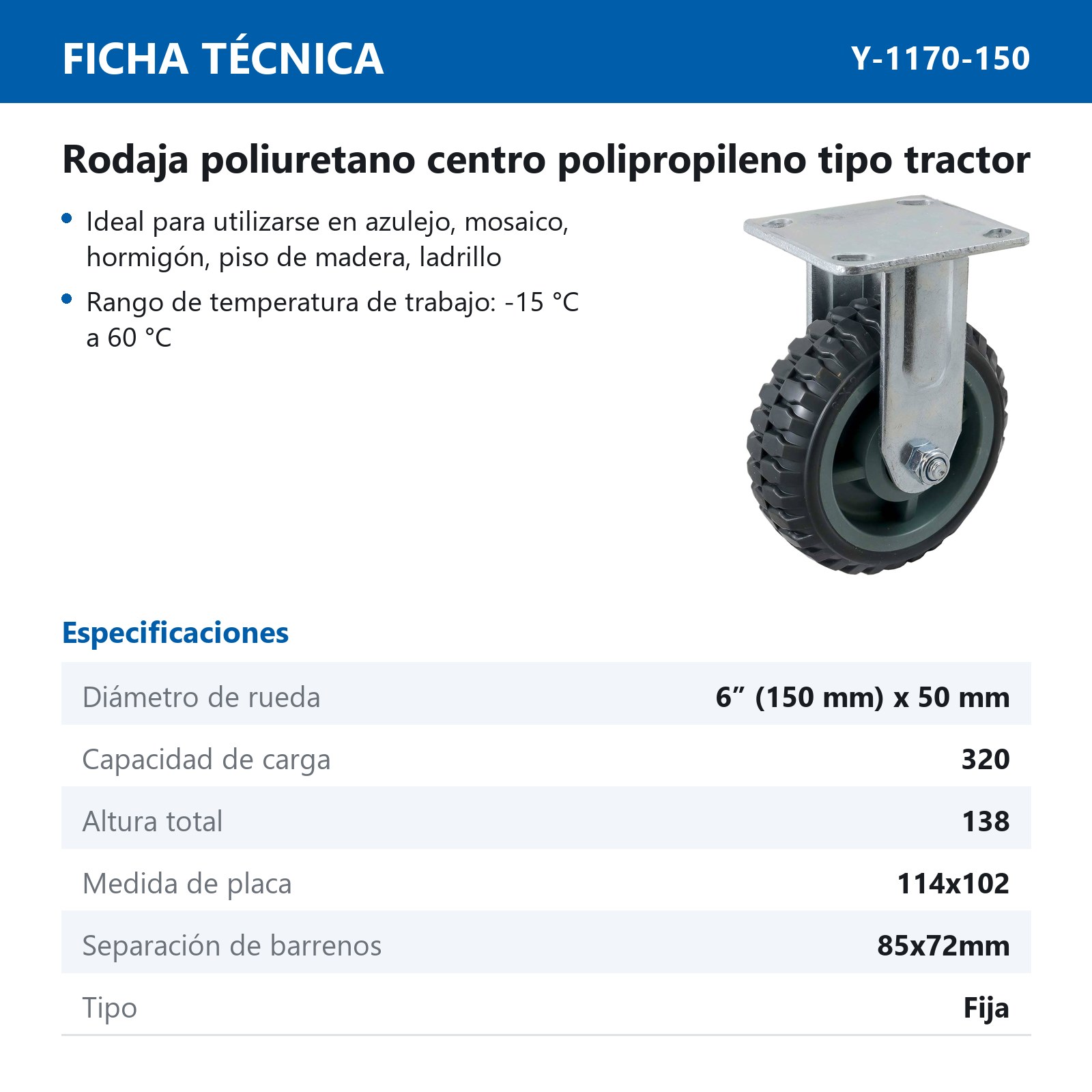 RODAJA DE PU CENTRO PP FIJA TIPO TRACTOR 6" (150*50MM) - Imagen 2