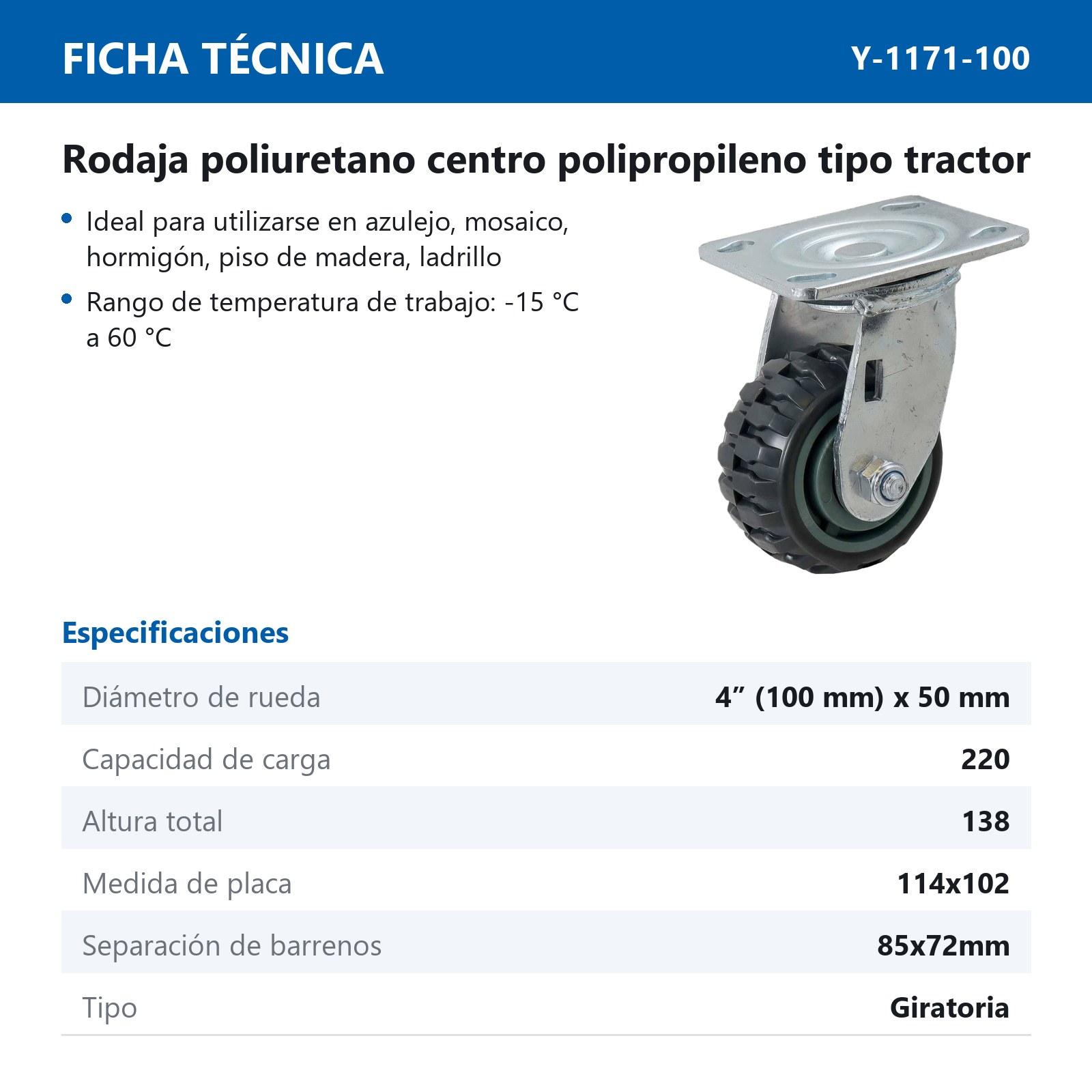 RODAJA DE PU CENTRO PP GIR. TIPO TRACTOR 4" (100*50MM) - Imagen 2